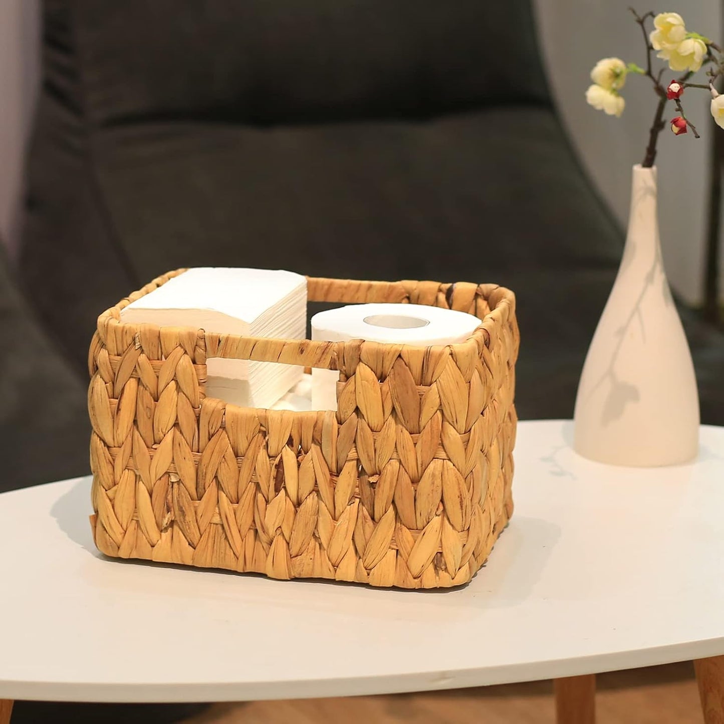 HOONEX Water Hyacinth Storage Baskets, Wicker Baskets for Storage, Hand Woven Baskets with Carry Handles, Set of 3, Natural