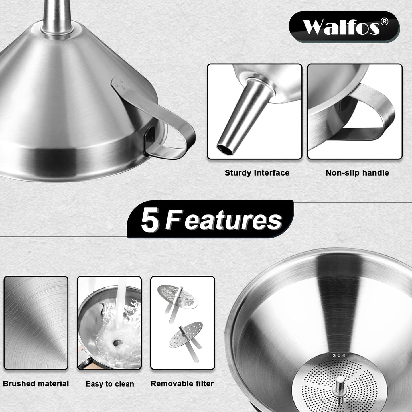 Stainless Steel Funnel, Walfos 4 Pack(4in、3 in、2.2 in、1.7in Kitchen Funnel with 2 Removable Strainer & 1Pcs Cleaning Brush, Perfect for Transferring of Liquid, Oils, Jam, Dry Ingredients & Powder