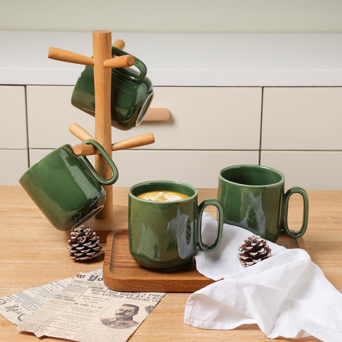 vicrays Ceramic Coffee Mug Set - 18 Ounce Large Stoneware Mug for Men Women - Unique Glazed Porcelain Mugs with Handle for Coffee Latte Tea Milk Cocoa - Set of 4 (Green)