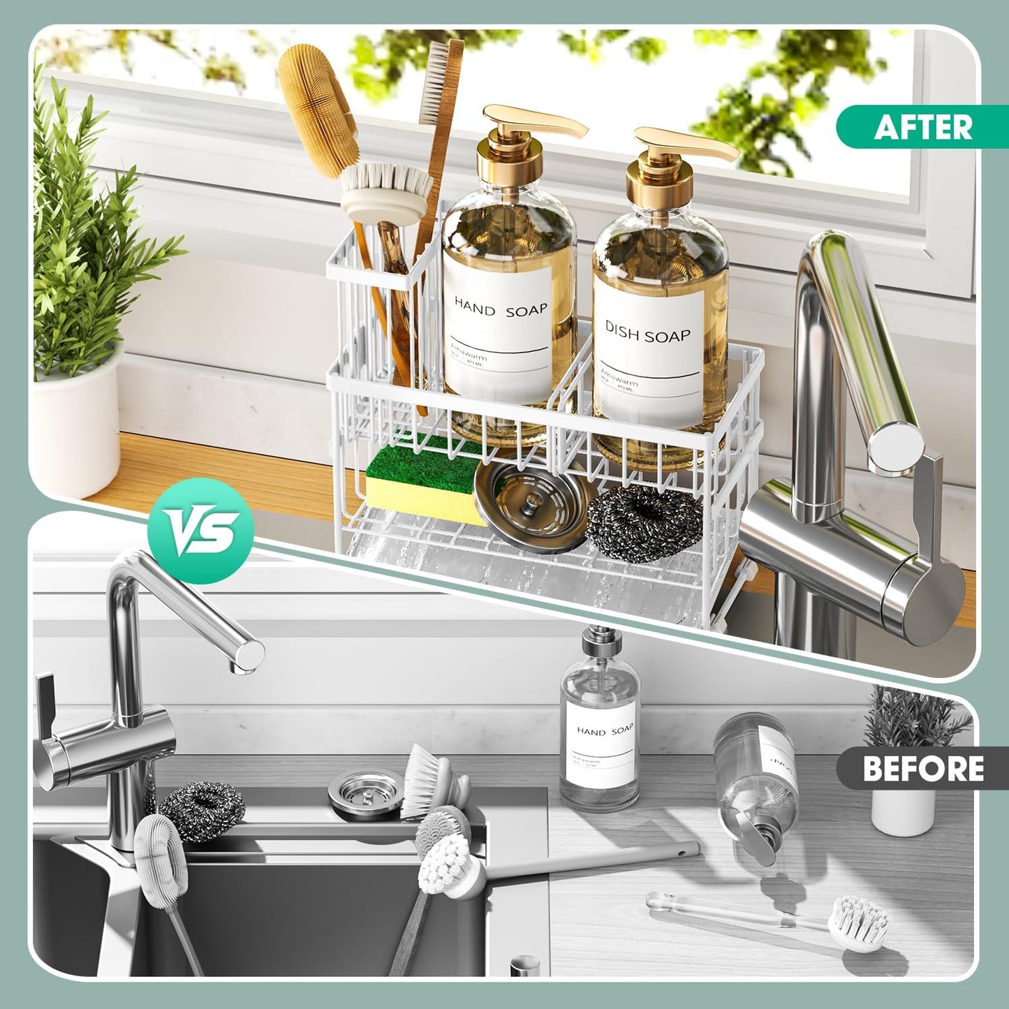 Sponge Holder for Kitchen Sink, 2 Tier Sink Caddy Organizer with High Brush Holder, Self-Draining Sponge Holder for Sinks, Soap Dispenser Organizer, Rustproof 304 Stainless Steel, White