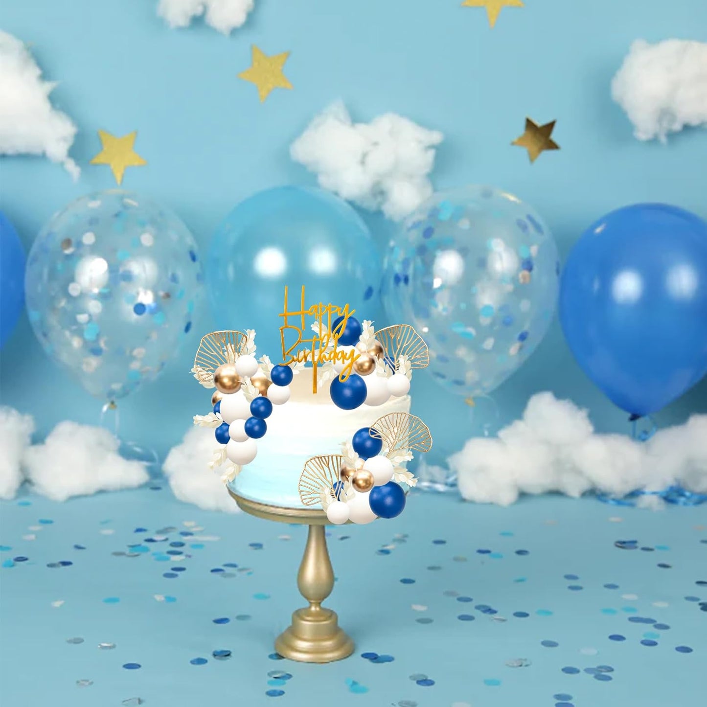 Gyufise 57Pcs Balls Cake Topper Boho Grass Cake topper Pearl Balls Acrylic Happy Birthday Cake Decorations for Wedding Baby Shower Birthday Boho Themed Party Supplies Royal Blue