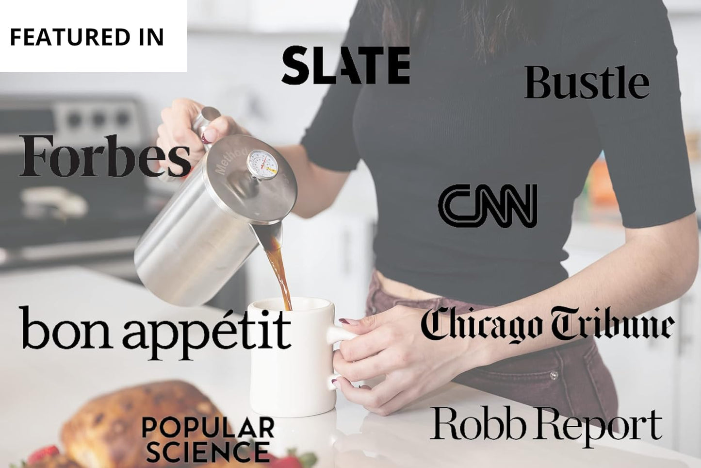 Barista Warrior French Press with Thermometer - Insulated Coffee Press - Stainless Steel Coffee Maker (1.0L | 34 fl oz) (White)