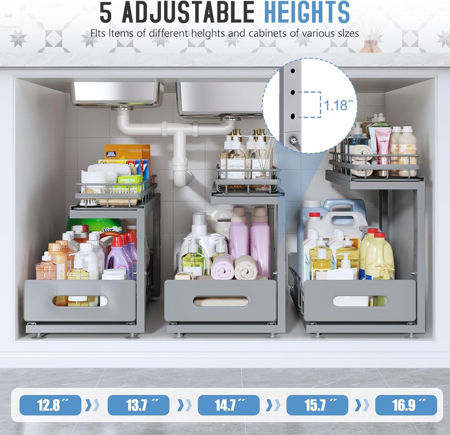 2 Pack 18 IN Depth Under Sink Organizer with Smooth Ball Bearing Slides,2-Tier Pull Out Cabinet Storage,Slide Out Drawers for Bathroom&Kitchen,Rust-resistant Coating,Height Adjustable-Gun Gray