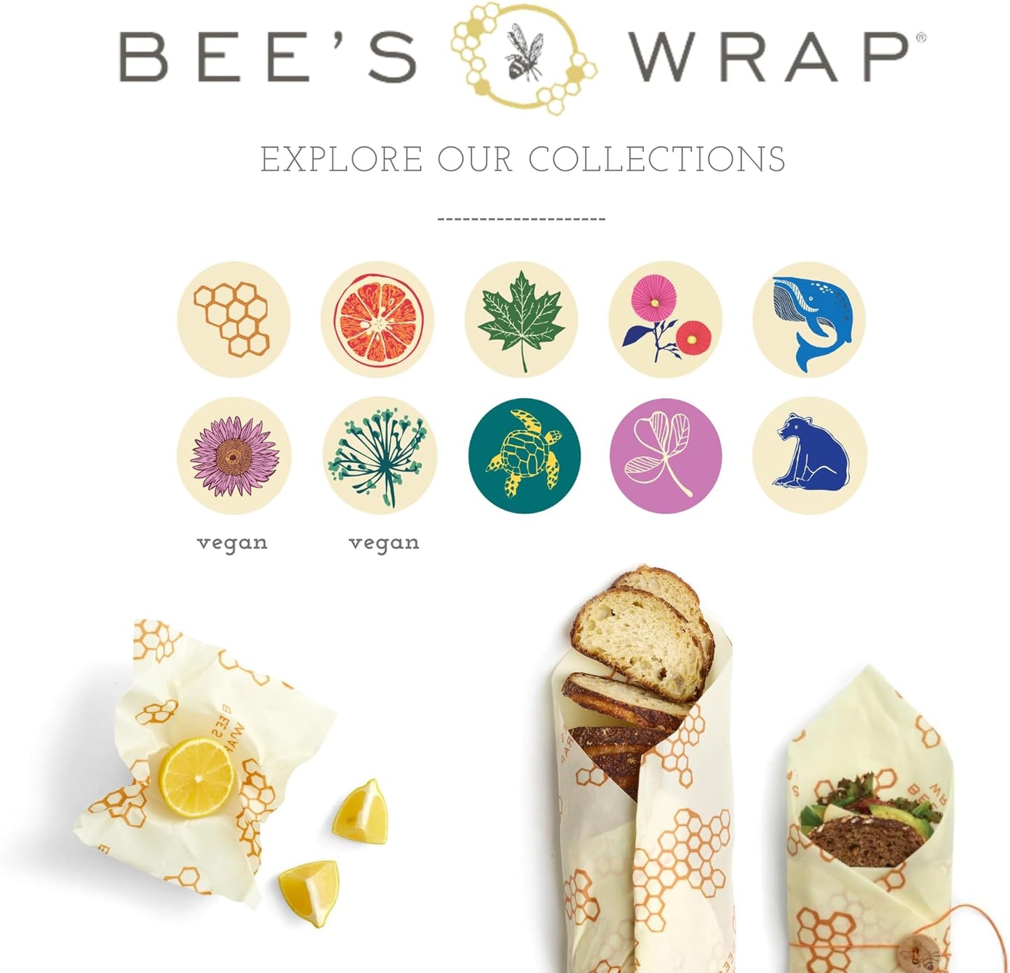 Bee's Wrap Vegan Beeswax Wraps for Food - Assorted 7 Pack (2S, 2M, 2L, & 1 Bread) Made in USA Reusable & Organic Food Wraps & Bowl Covers - Eco-Friendly Alternative to Aluminum Foil & Plastic Wrap