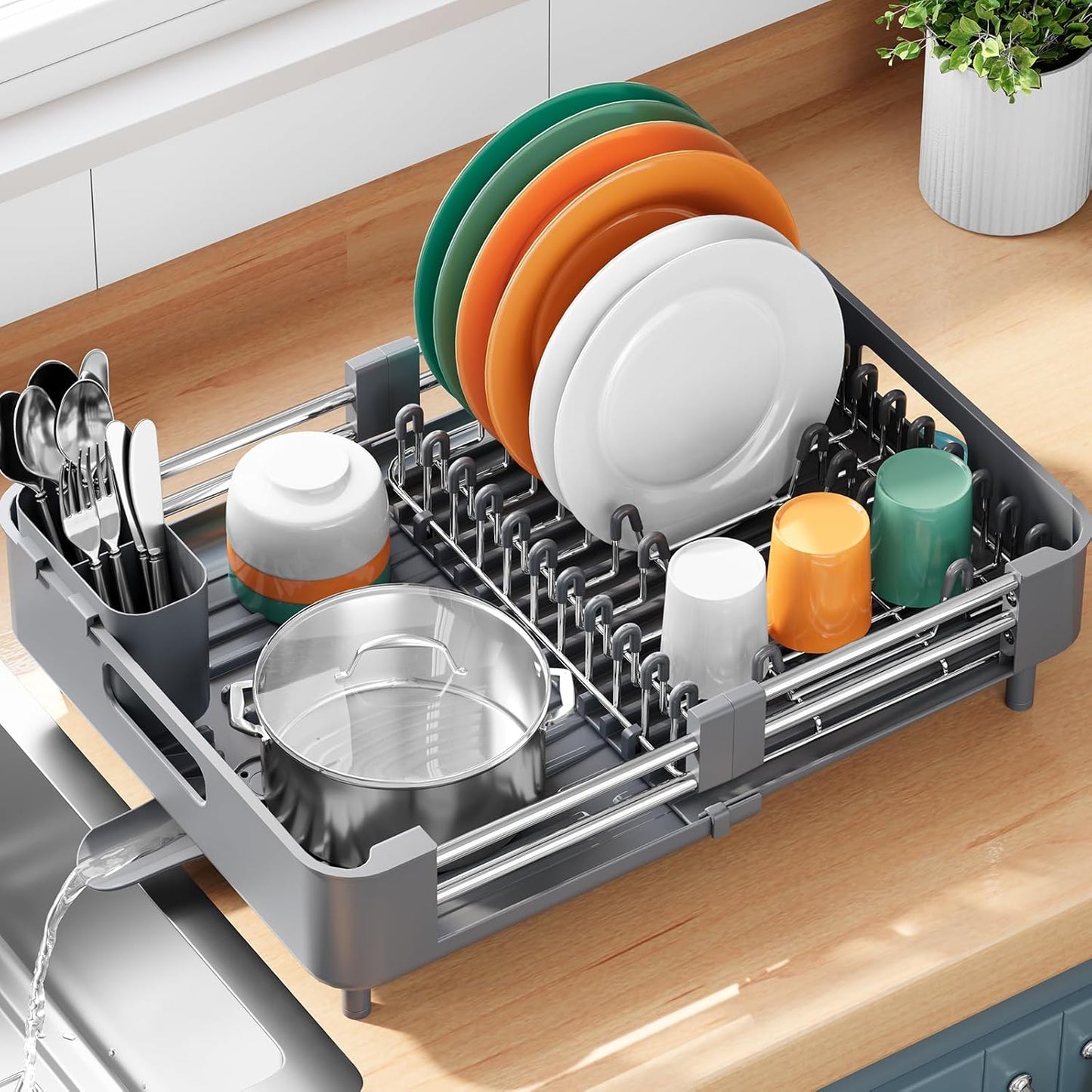 Dish Drying Rack for Kitchen Counter, Extendable Dish Rack with Drainboard, Expandable Dish Drainer, Collapsible Dish Strainer with Cutlery Holder, Foldable Home Countertop Plate Storage Rack, Gray