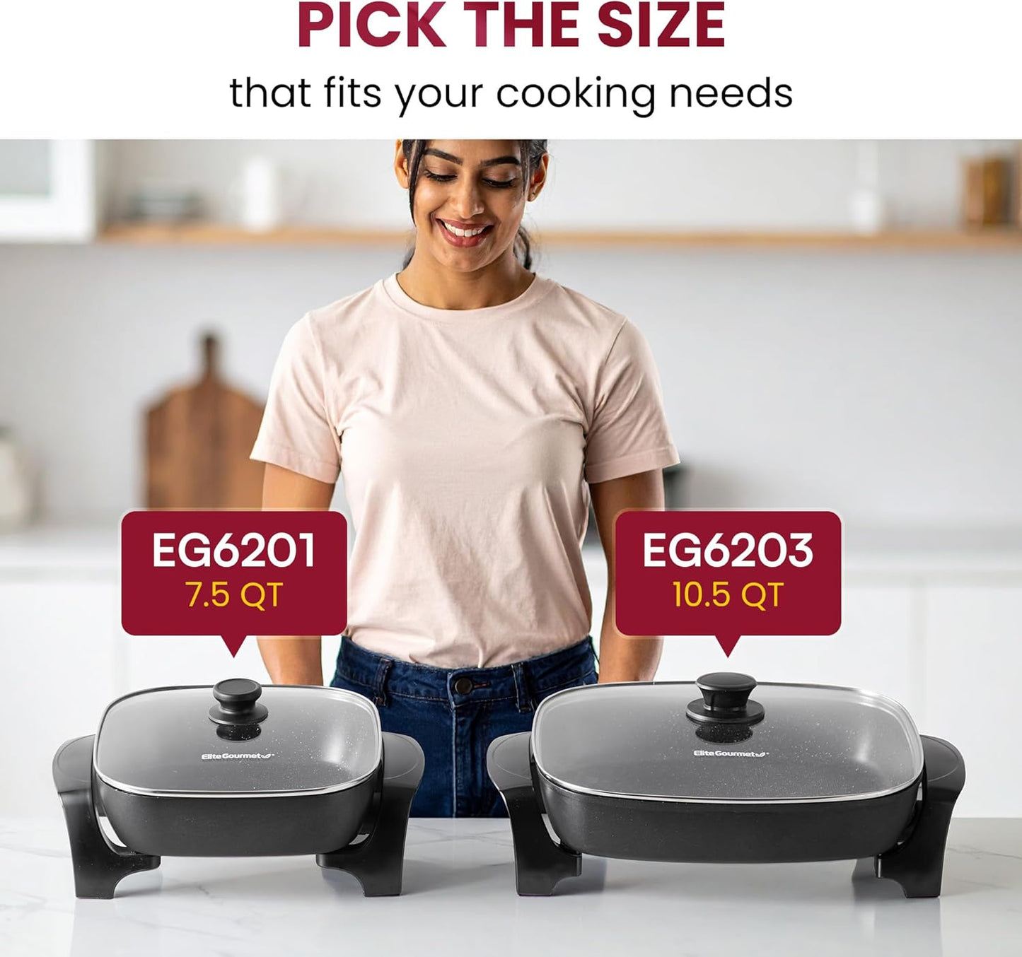 Elite Gourmet EG-6203# Extra Deep 16"x13"x3.2" (10.5Qt.) Scratch Resistant, Easy Pour Spout Dishwasher Safe, Non-stick Electric Skillet with Glass Vented Lid, Adjustable Temperature, Black