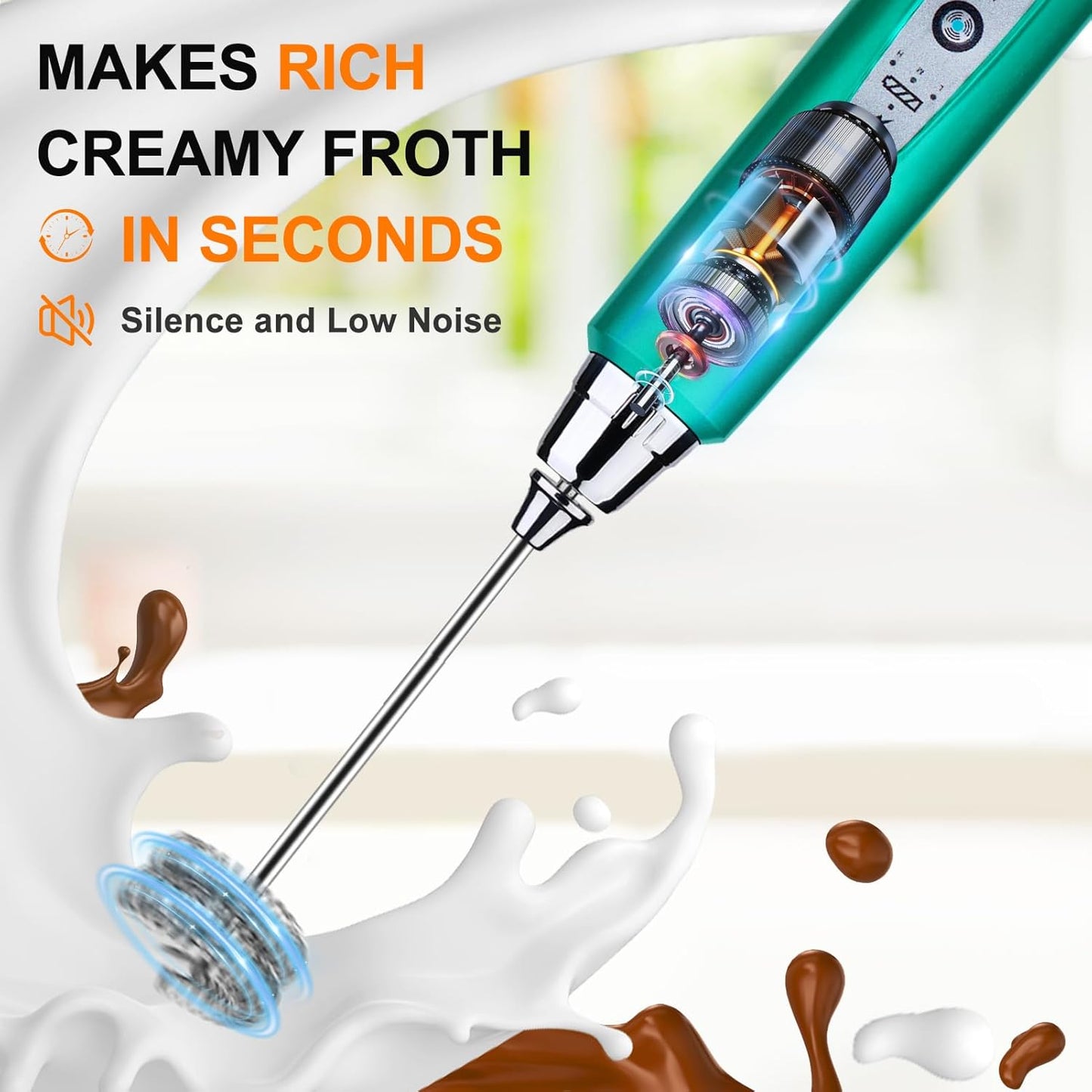 YUSWKO Turquoise Handheld Milk Frother Wand for Coffee, Rechargeable Electric Whisk with 3 Heads 3 Speeds Drink Mixer Coffee Frother For Latte, Cappuccino, Hot Chocolate, Egg