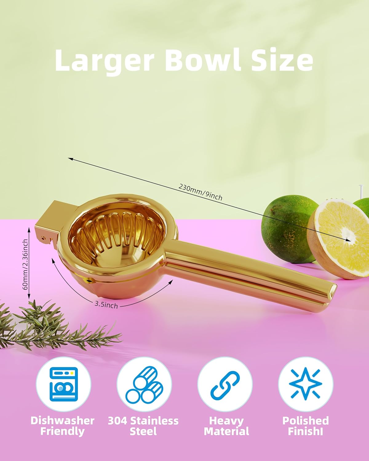 Lemon Squeezer Stainless Steel - Heavy Duty Solid Metal Squeezer Bowl - Large Manual Citrus Press Juicer and Lime Squeezer - 2 in 1 hand Juicer - Store Juice -No Splashing-Gold