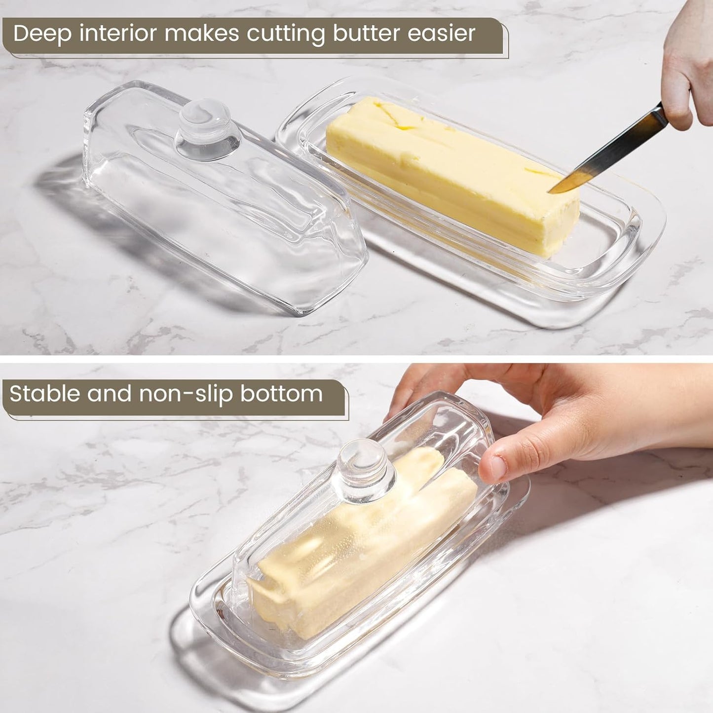 Small and Narrow Glass Butter Dish with Lid for Countertop Clear Crystal Butter Container for Counter Glass Butter Keeper with Cover Butter Tray for Refrigerator,Can hold 1x4oz Butter