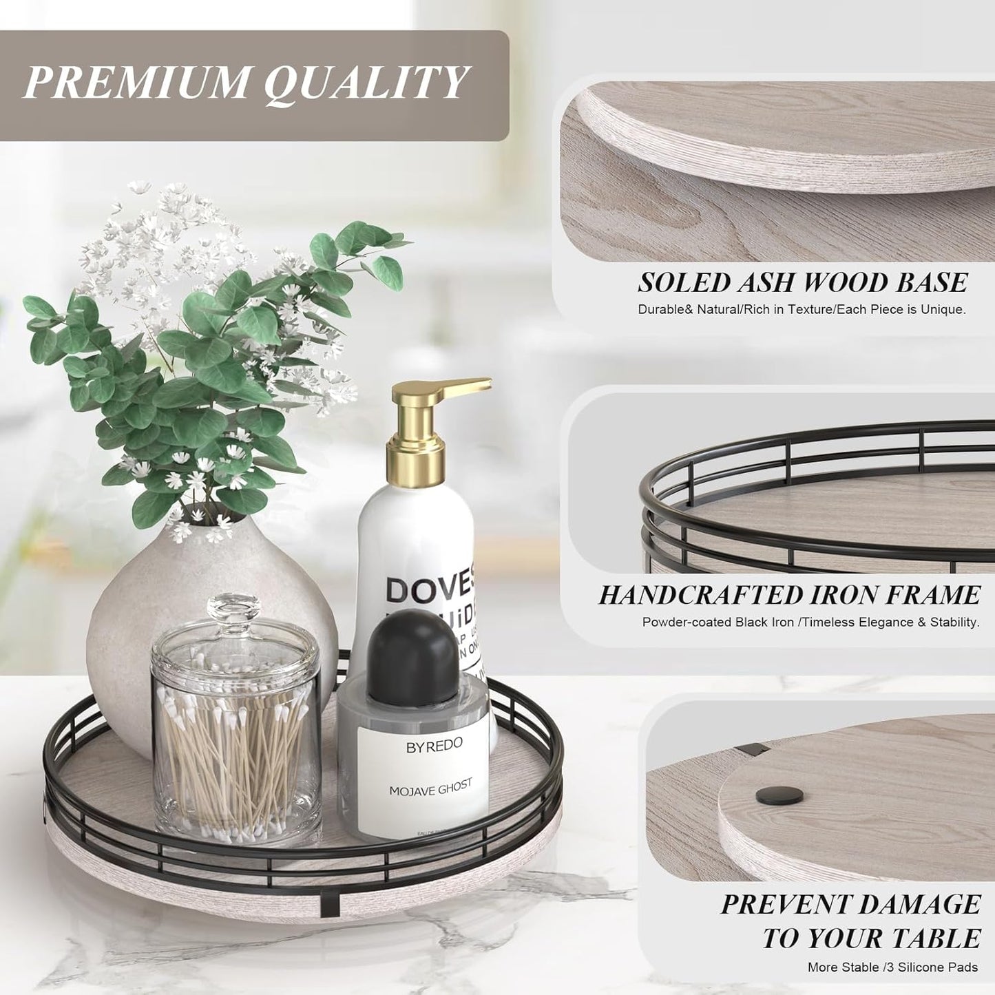 9" Wooden Lazy Susan Organizer for Cabinet, Turntable Round Decorative Tray for Kitchen Sink, Countertop Organizer, Bathroom Counter Organizer for Skincare Makeup, Rustic White