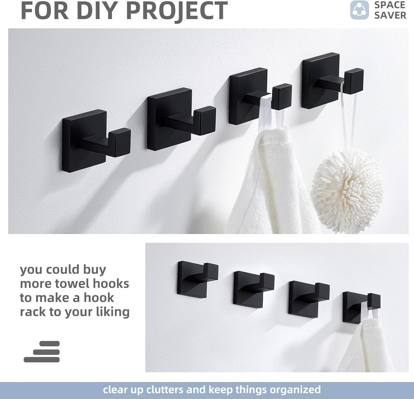 Angle Simple Matte Black Towel Hooks for Bathroom, SUS 304 Stainless Steel Square Wall Coat Hooks, 2 Pack