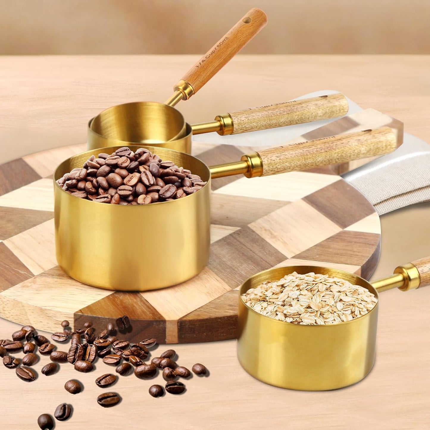 4 Piece gold measuring cups set,Golden Stainless Steel Measuring Cup and spoons set with Wooden Handle for Food/Liquid/Baking in the Kitchen