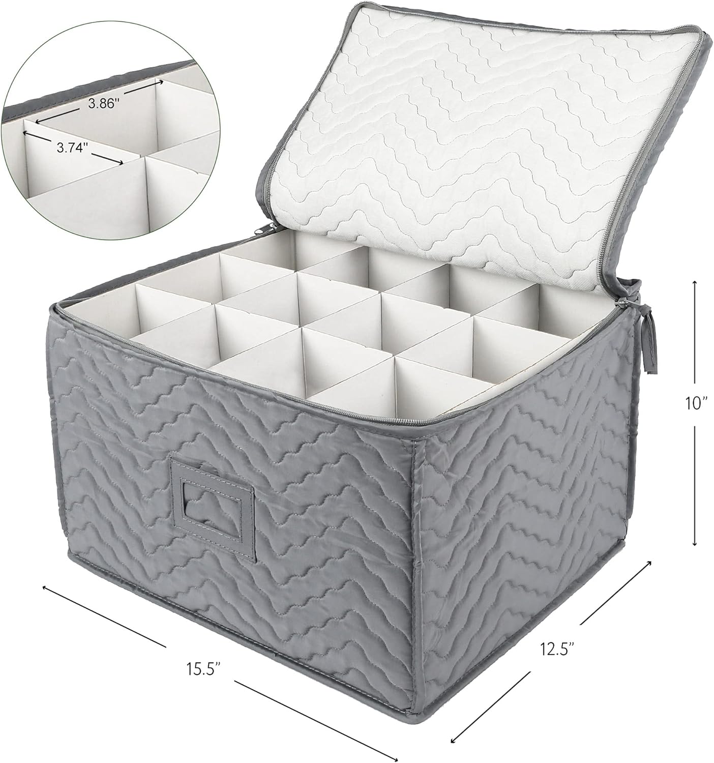 LotFancy Stemware Storage Container - Deluxe Quilted Storage Case with Dividers for 12 - Wine Glasses, Champagne Flutes, Glassware, Drinkware Storage Box Chest, 15.5"x12.5"x 10", Gray