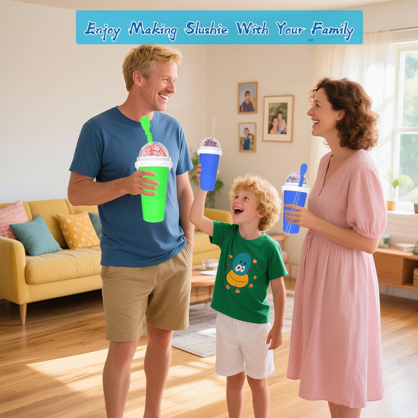 2PCS Slushie Maker Cup, Quick Frozen Magic Cups for Homemade Milk Shake Ice Cream Maker, Double Layer Squeeze Slushy Maker Cup, Birthday Gifts for Kids,Friends,Family (Blue+Green, 350ML)
