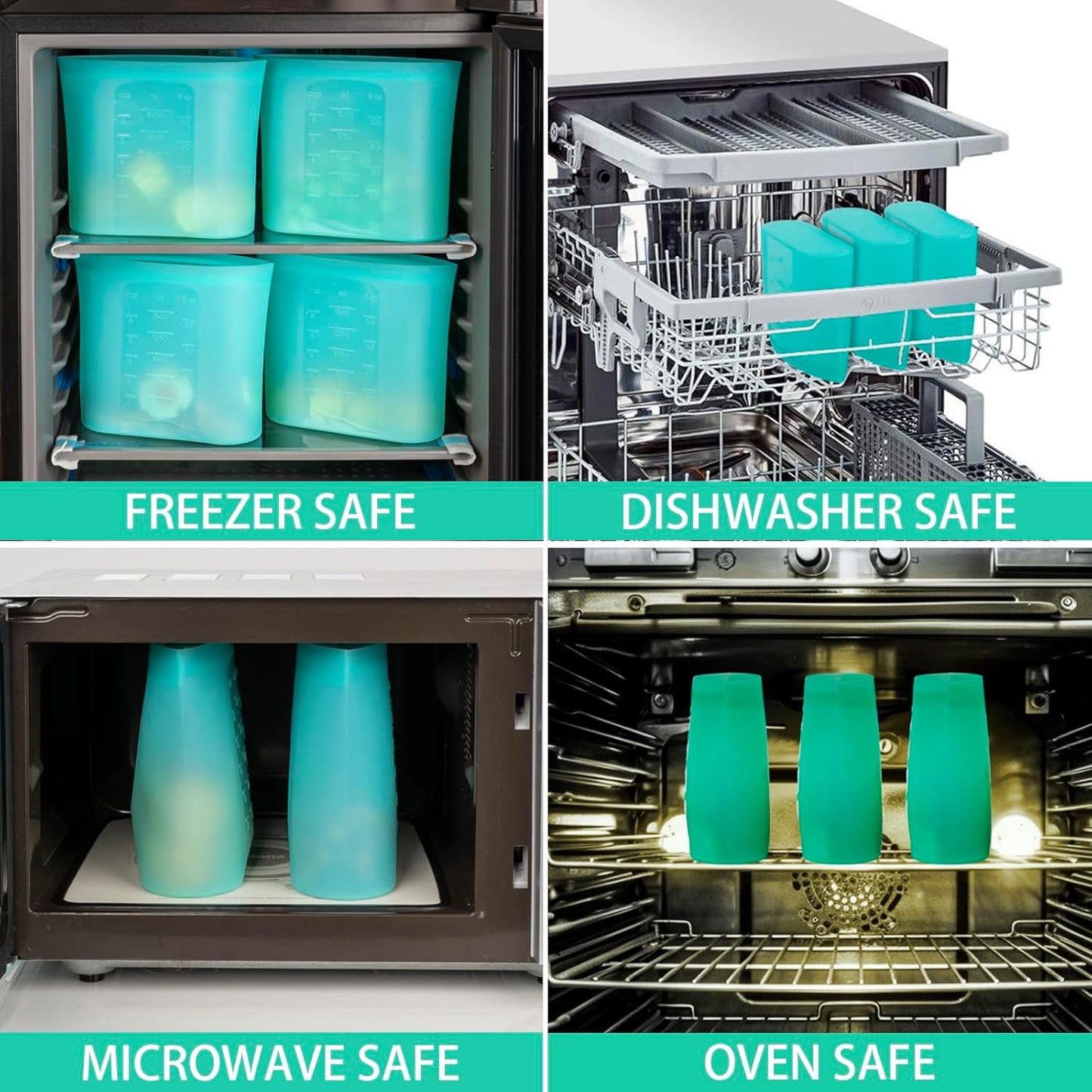 Large Reusable Storage Bag, 4 Pack 100% Silicone Food Storage Bags Stand Up Silicone Zip Lock Bags for Food Container, Freezer Microwave Oven Dishwasher Safe, Aqua, 50.7oz/ 1500ml