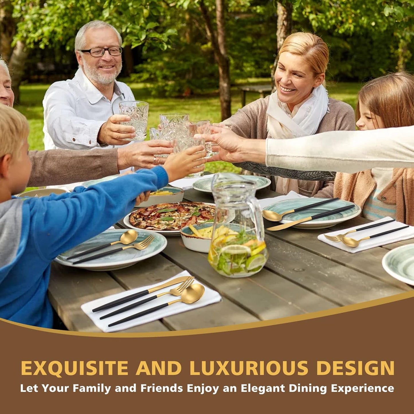 Matte Black Gold Silverware Set, Oliviola 40-Piece Stainless Steel Flatware Cutlery Set Service for 8, Satin Finish Kitchen Utensil Set, Dishwasher Safe