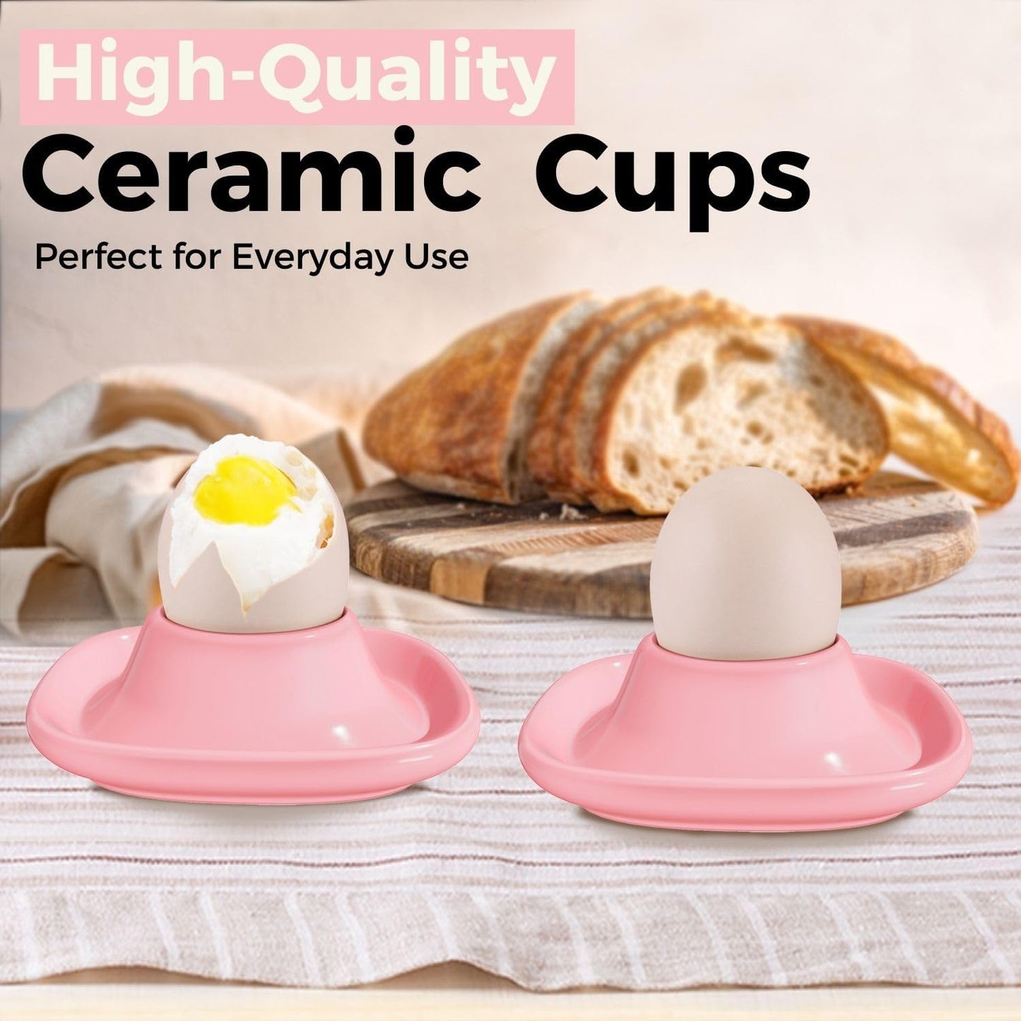 Flexzion Egg Cups for Soft Boiled Eggs - Set of 6 Ceramic Egg Holder - Stackable Egg Coddler Cups with Base for Serving, Breakfast, Brunch - Kitchen Table Decor, Pink