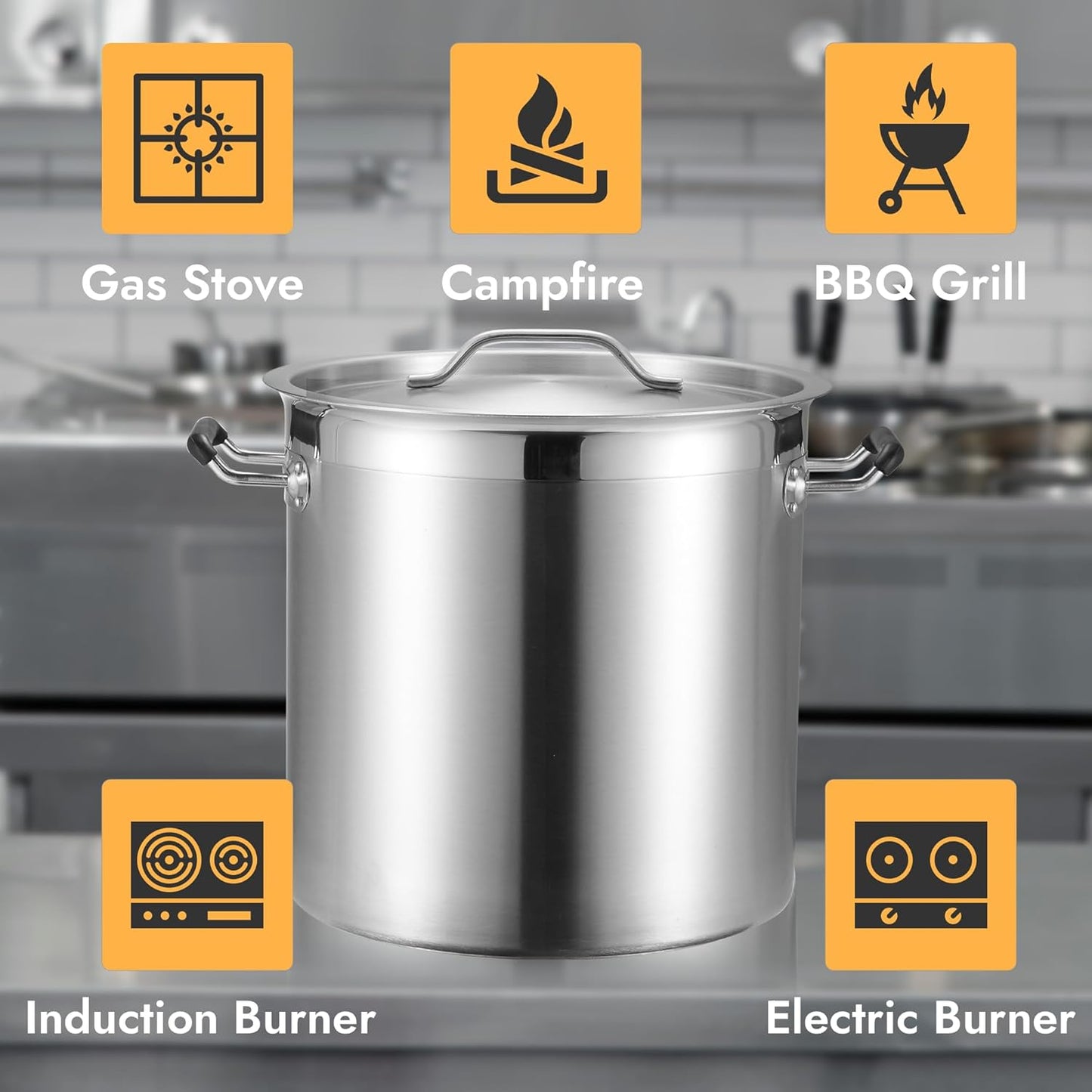 CURTA 20 Quart Large Stock Pot with Lid, NSF Listed, 3-Ply 18/8 Stainless Steel Cooking Pot, Commercial Cookware for Soup, Stew & Sauce, Riveted Silicone Handle