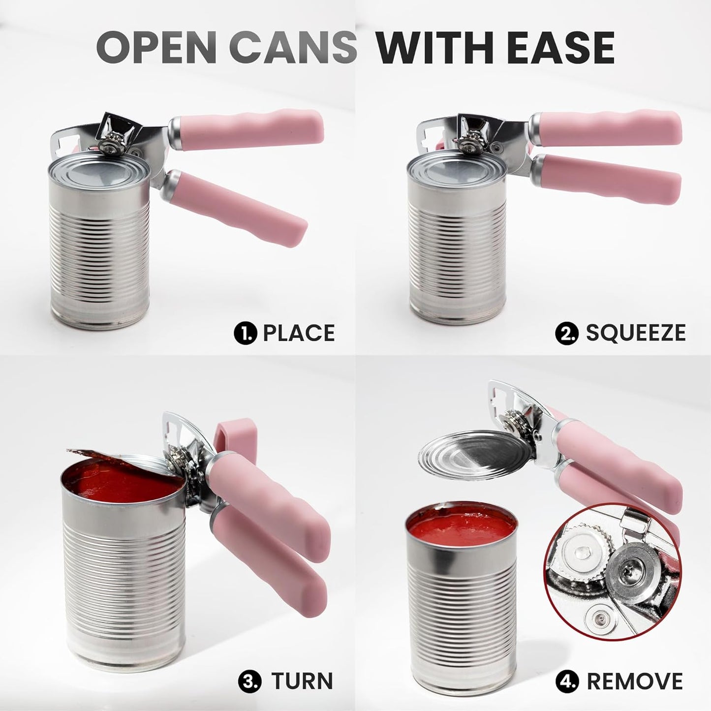Zulay Kitchen Heavy Duty Stainless Steel Can Opener Manual with Bottle Opener - Rust Proof Manual Can Opener With Turn Knob & Comfy Soft Grip Handles - Light Pink
