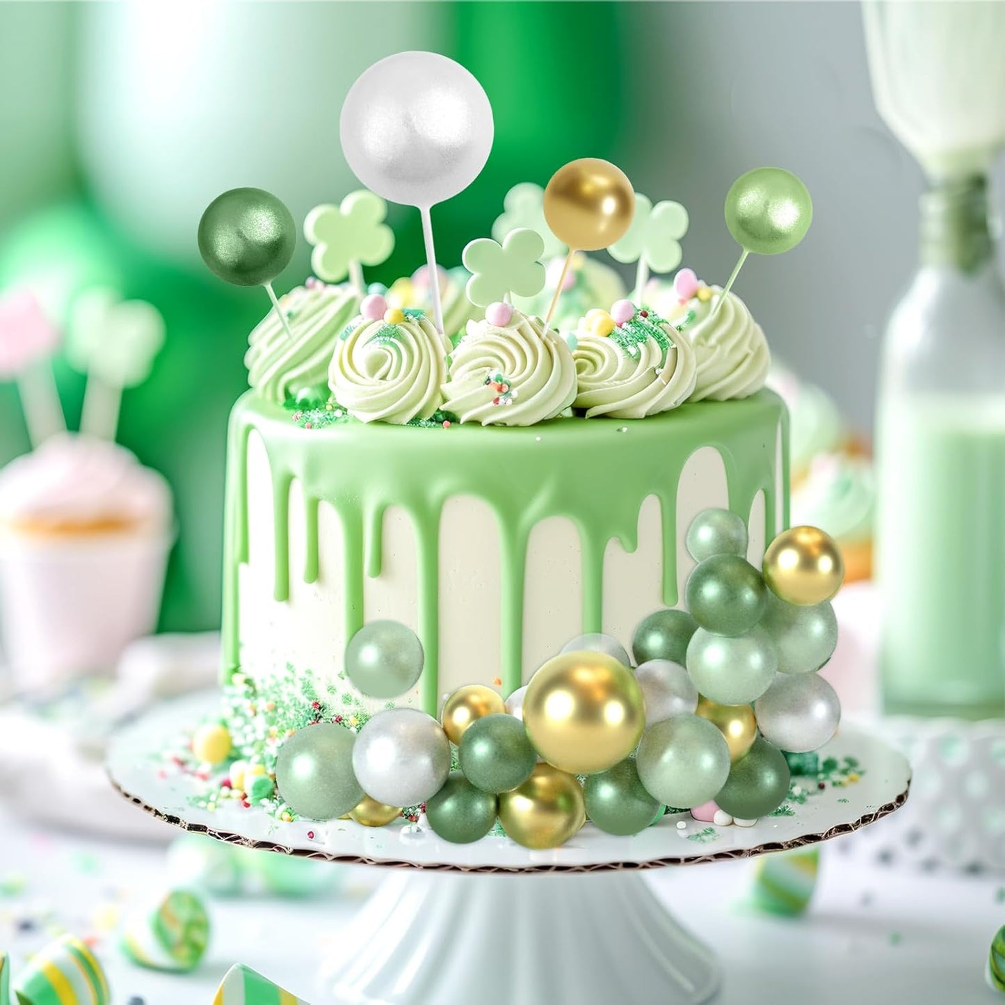 48 Pcs Balls Cake Topper Decorations Balloon Cupcake Toppers Foam Cake Topper Balls Cake Balls Decorations for Birthday Party Cake Decorating (Green, White, Gold)