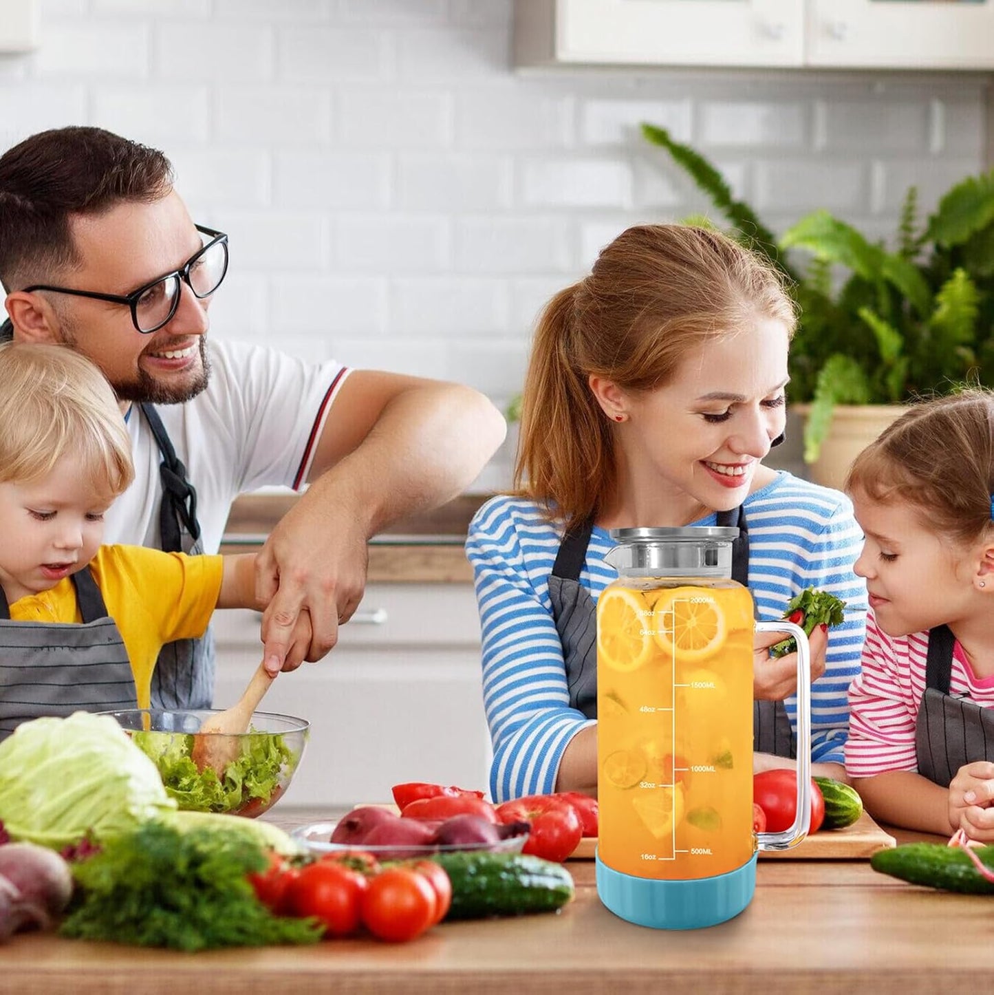 Aofmee 68oz Glass Pitcher with Lid, 2 Liter Water Carafe with Silicone Base and Precise Scale Line, Ice Tea Pitcher for Fridge, Anti-Slip Glass Jug for Sun Tea Juice Coffee Milk Beverage (Blue)