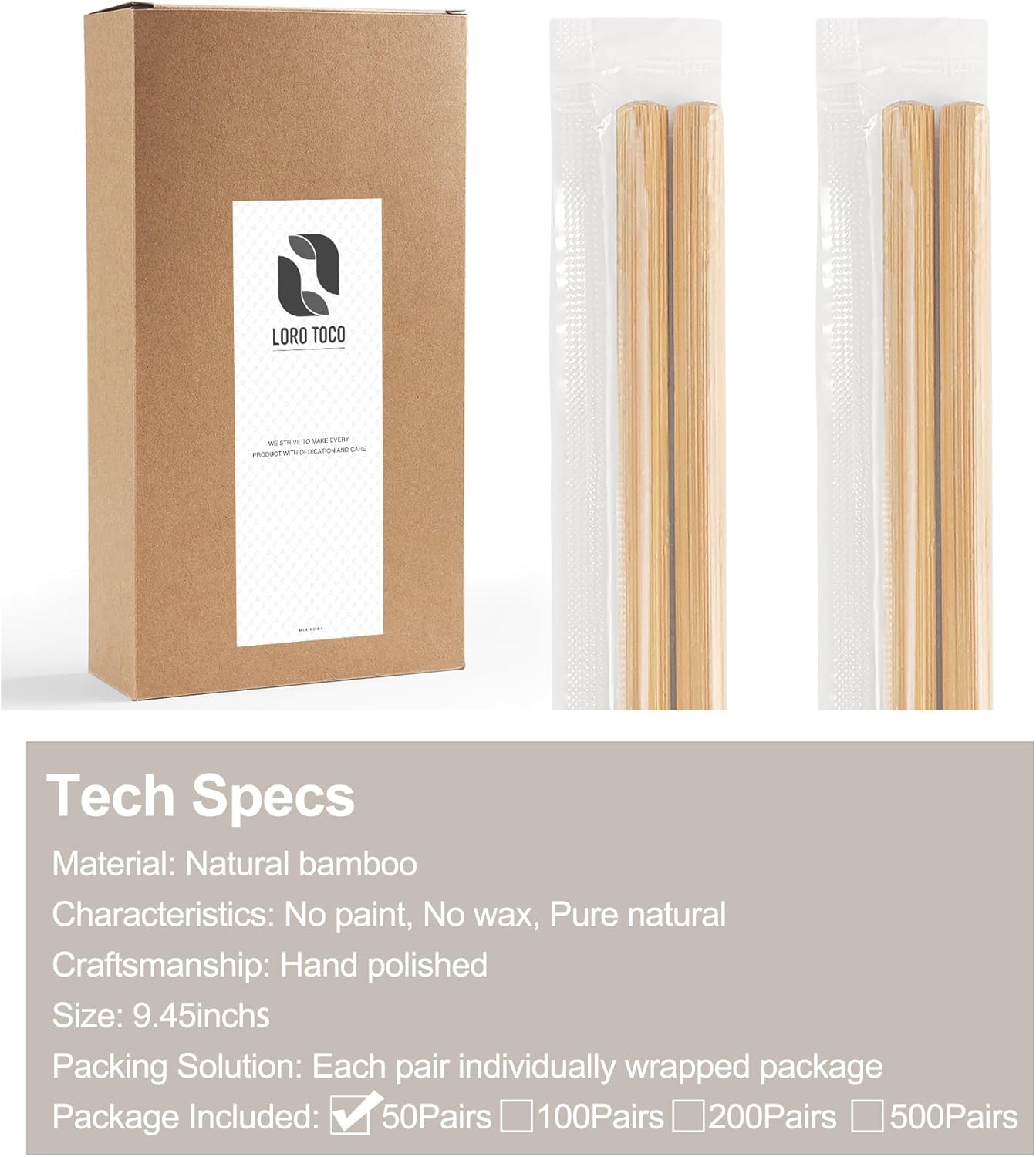 50 Pairs Chopsticks Disposable Reusable 9.5" Individually Wrapped Bulk Premium Quality