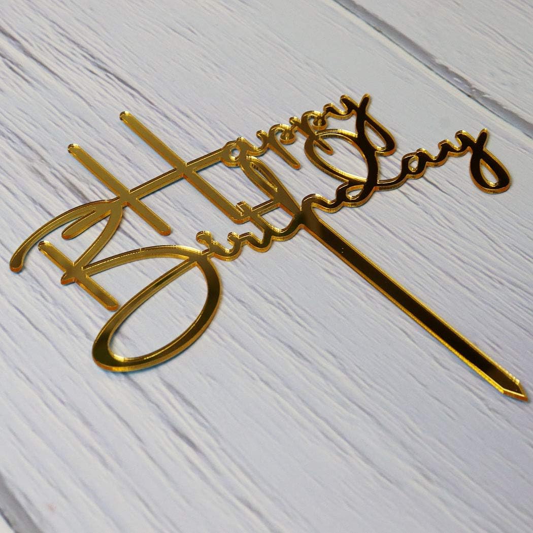 Happy Birthday Cake Topper for Birthday Party Decorations, Mirror Gold Acrylic