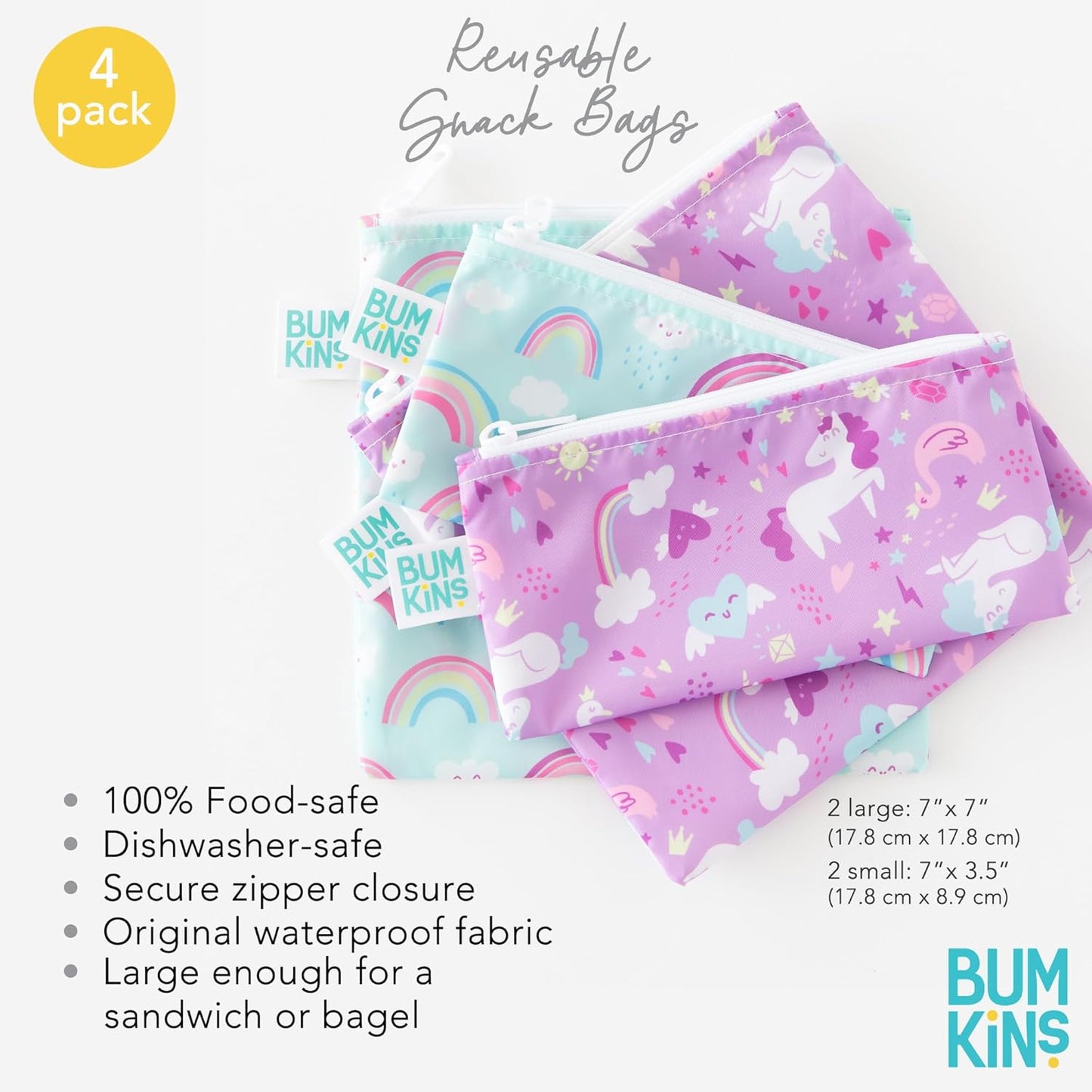 Bumkins - Cloth Snack & Sandwich Bags - For Storage, Travel, Food Prep, Lunch - Reusable, Water Resistant, Washable, Dishwasher Safe - Snack Bags for Kids - Zipper Closure -Unicorns & Rainbows -4 Pack