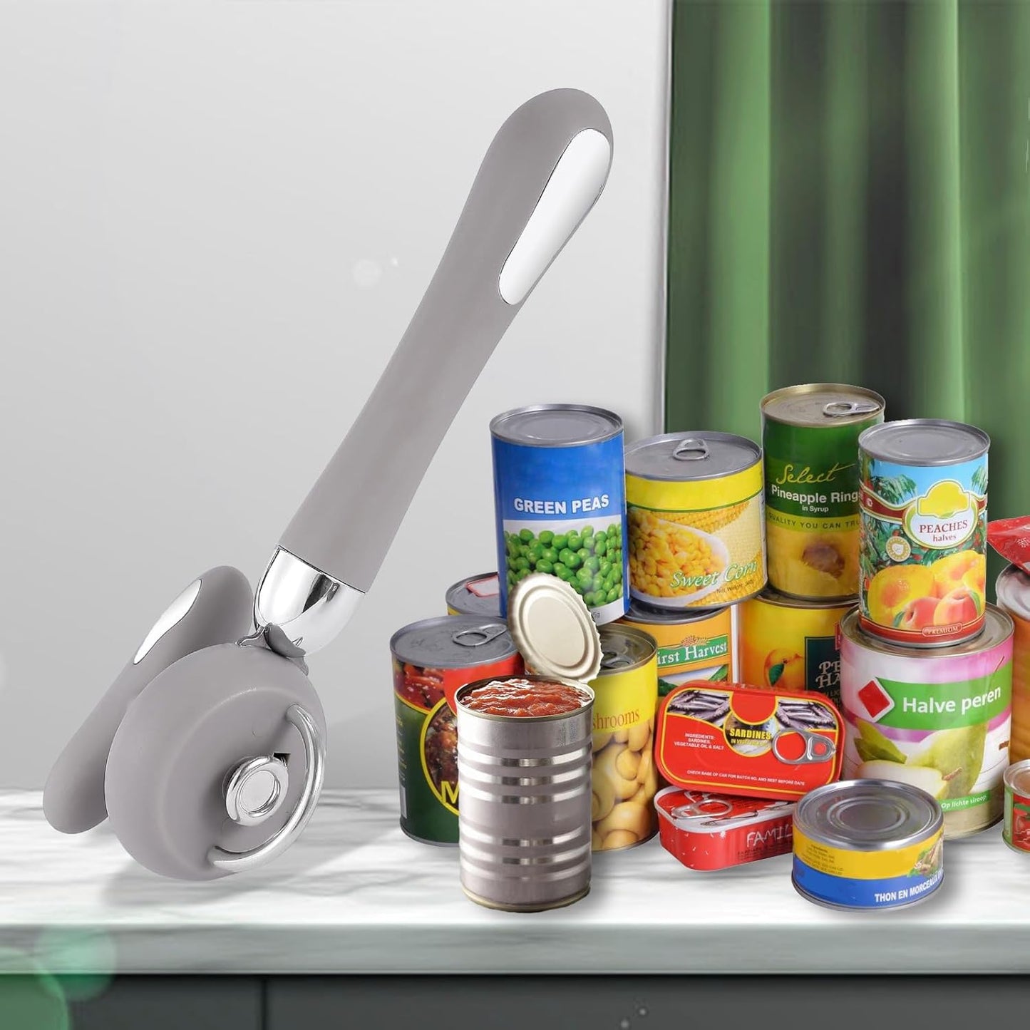 Can Opener Manual Tin Opener Stainless Steel Heavy Duty, Oversized Hand-held Easy Rotary Knob, Safe Cut Manual Can Opener with Non-Slip Handle, Smoother Cut Sharp Blade for Seniors Kitchen Tool, Grey