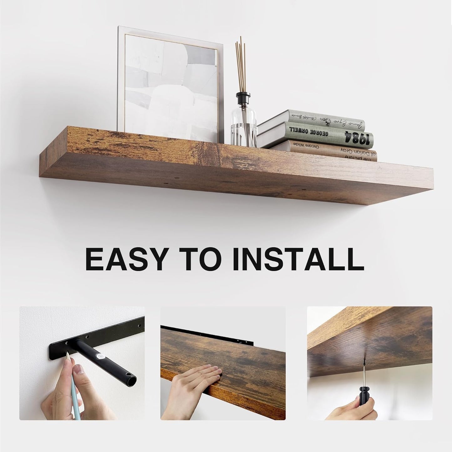 Colima 3-Pack Contemporary Wood Floating Shelves, 24 Inch, Wall-Mounted, 1.3 Inch Thick, 50 lb Capacity Each, Set of 3