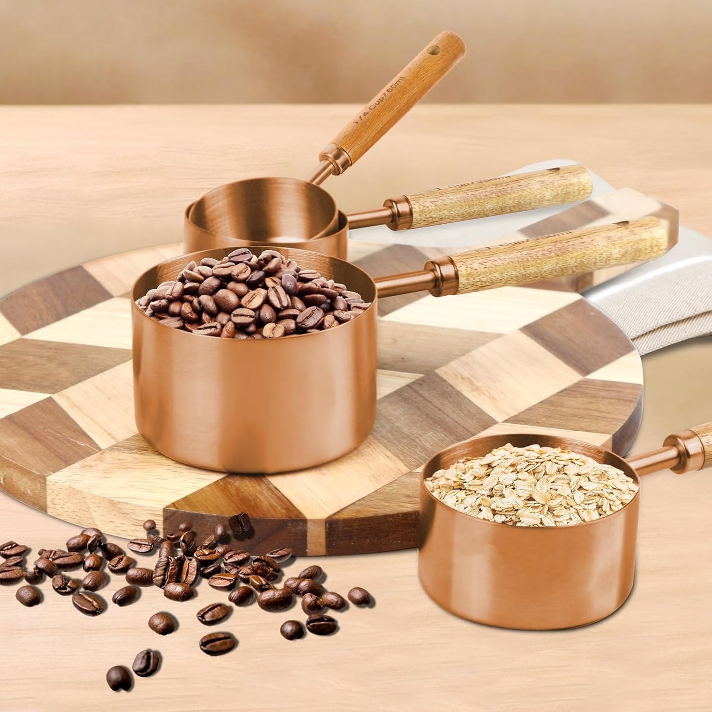 Copper Stainless Steel Measuring Cups and Spoons Set,8 Piece Measuring Cup Set with Wooden Handle and Metric and US Measurements,Copper Polished Finish,for Cooking and Baking in The Kitchen