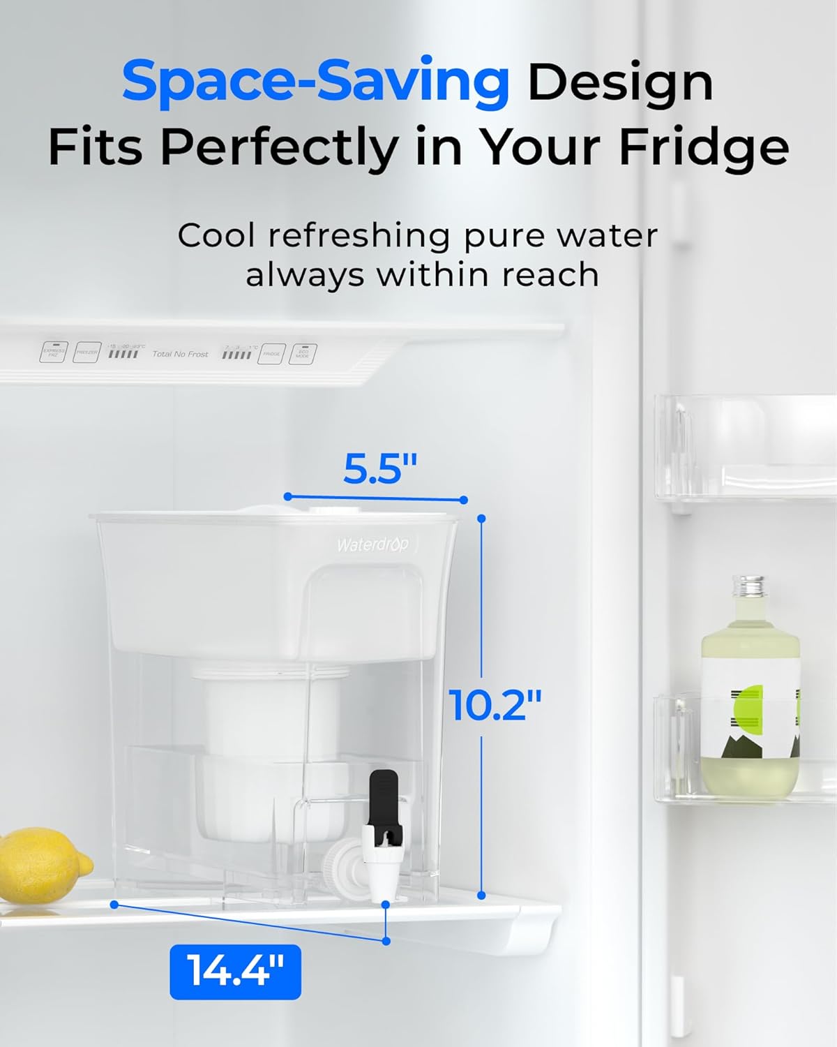 Waterdrop 0 TDS 35-Cup Slim Water Filter Dispenser, Large Capacity, Reduces TDS, Chlorine, PFOA/PFOS and More, BPA Free, White (with 1 Filter)