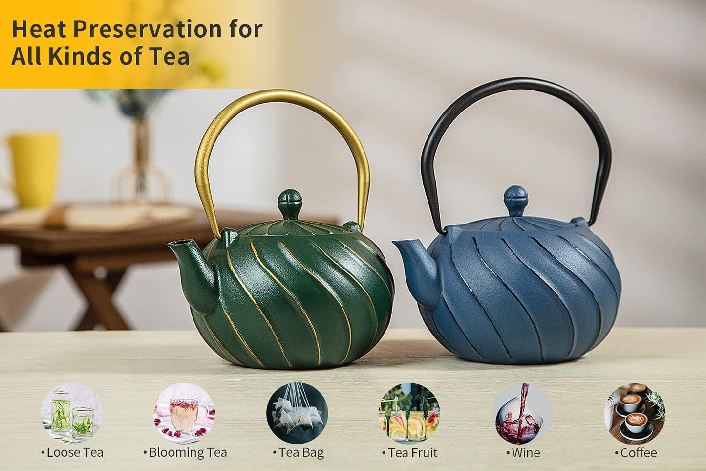 TOPTIER Japanese Cast Iron Tea Kettle with Infuser for Loose Leaf and Tea Bags, Stovetop Safe Teakettle with Enameled Interior, 40 oz (1200 ml), Navy Blue