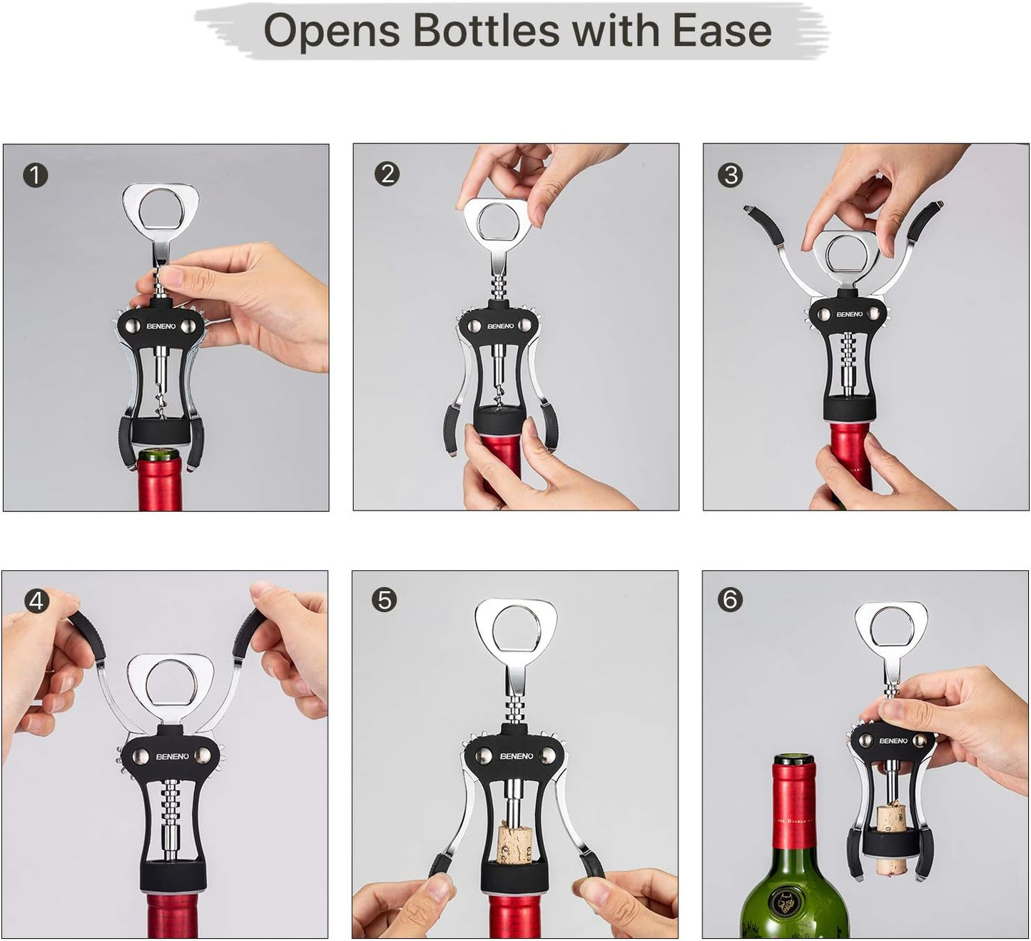 Beneno Wine Opener with Stainless Steel Wine Foil Cutter - Bottle Top Seal Cutter, Zinc Alloy Premium Wing Corkscrew with Multifunctional Bottles Opener, Upgrade Black Set