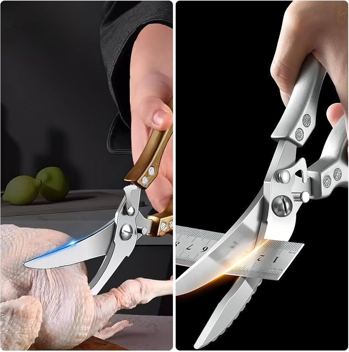 Poultry Shears Heavy Duty Professional, Multipurpose Kitchen Shears with Sheath, Spring-Loaded Stainless Steel Chef Scissors Cutting Bone, Chicken, Fish, Food, Meat, Full Steel Handle Brown