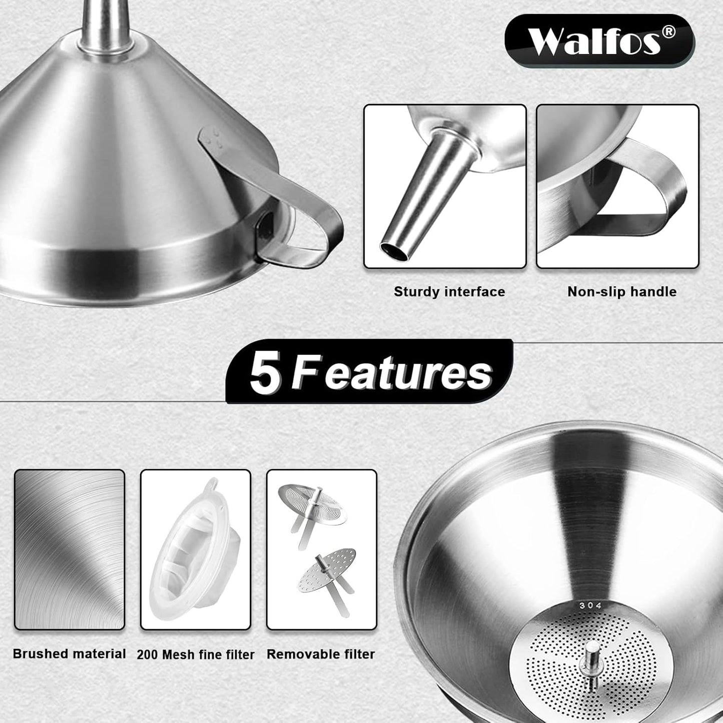 Walfos 3Pcs Kitchen Funnel with 2 Removable Strainer & 1 Cleaning Brush & 1Pc 200 Mesh Food Filter Strainer, Food Grade Stainless Steel Funnel for Transferring of Liquid, Oils, Jam, Dry Ingredients