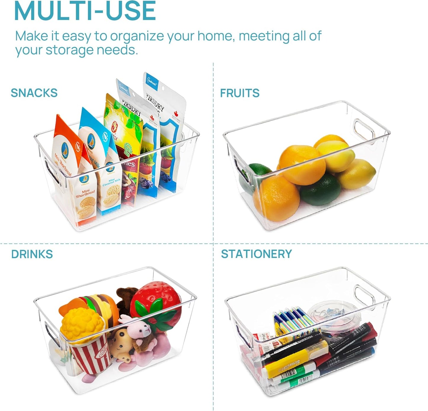 Vtopmart Clear Plastic Pantry Organizer Bins, 2 PCS Food Storage Bins with Handle for Refrigerator, Fridge, Cabinet, Kitchen, Countertops, Cupboard, Freezer Organization and Storage, BPA Free, Medium