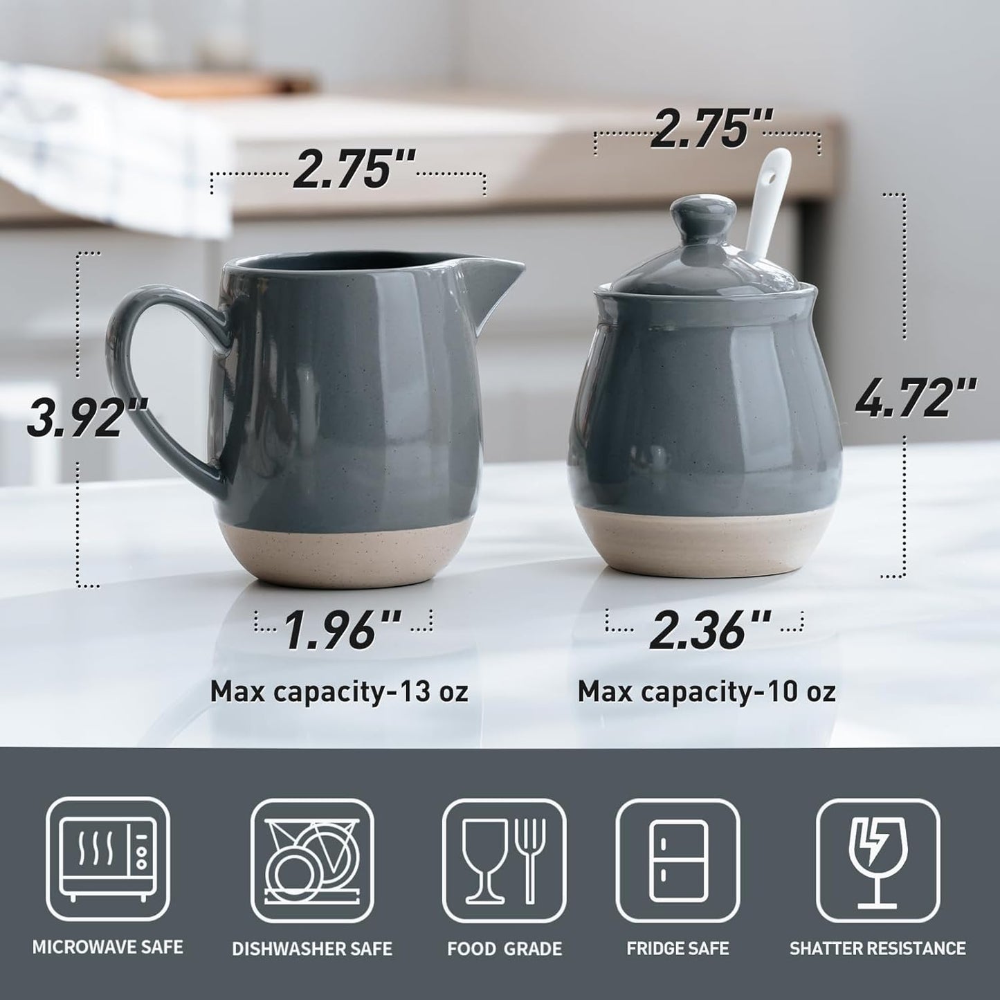 famiware Milkyway Ceramic Sugar and Creamer Set, 10oz Sugar Bowl & 13oz Creamer Set – Stoneware Milk Pitcher & Sugar Dispenser for Coffee Bar, Kitchen, or Countertop, Coffee Serving Set, Dark Gray