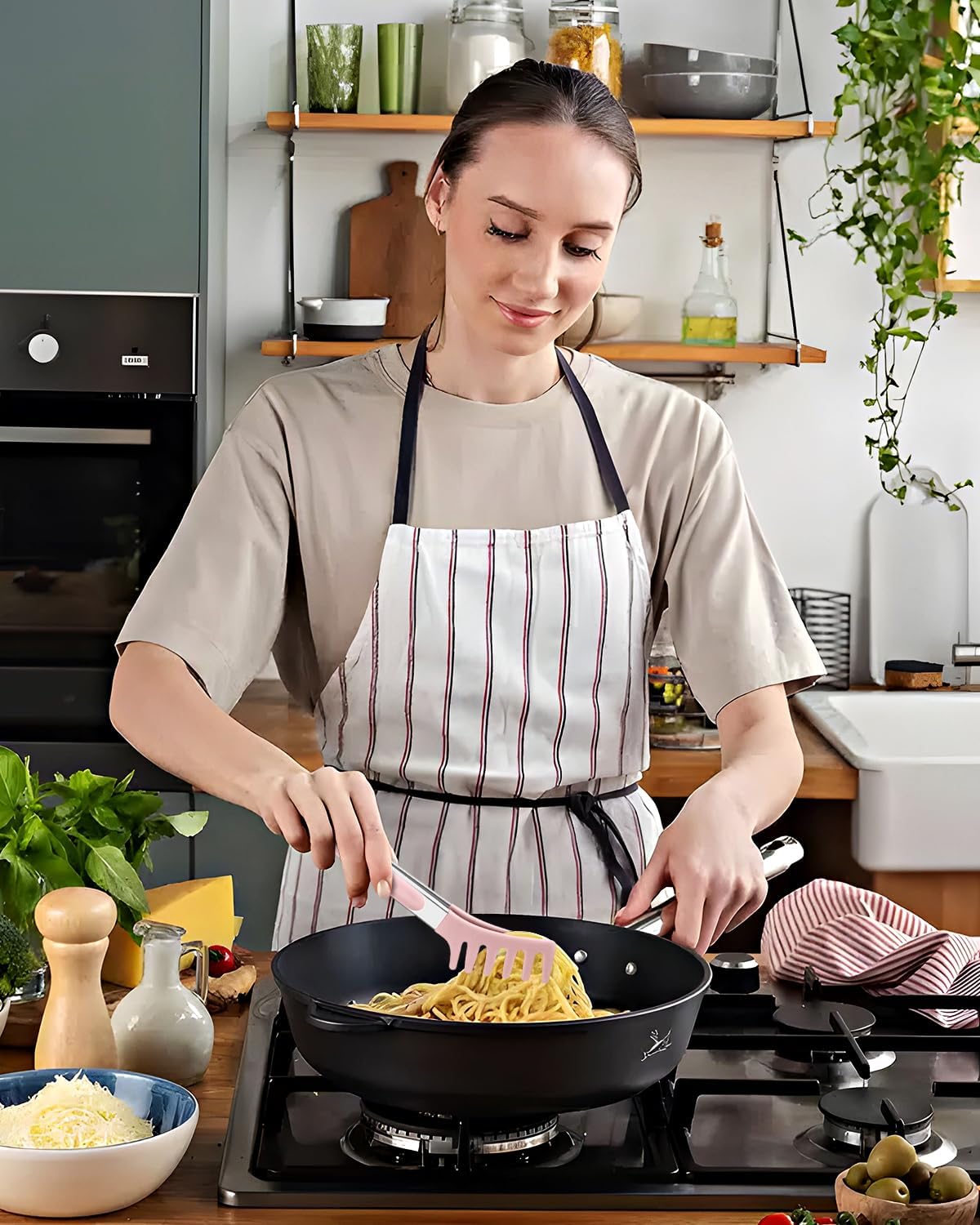 Spaghetti Spoon and Pasta Tong, Non-stick Silicone Spoon Server Fork With Teeth and Stainless Steel Handle, Food Clip for Noodles, Pink