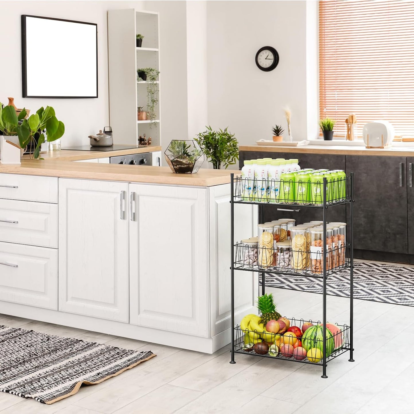 Water Bottle Organizer 3 Tier Freestanding Water Bottle Holder Storage Rack Metal Drink Beverage Soda Can Organizer Shelf Stand for Floor Pantry Kitchen Classroom Food Storage, Black