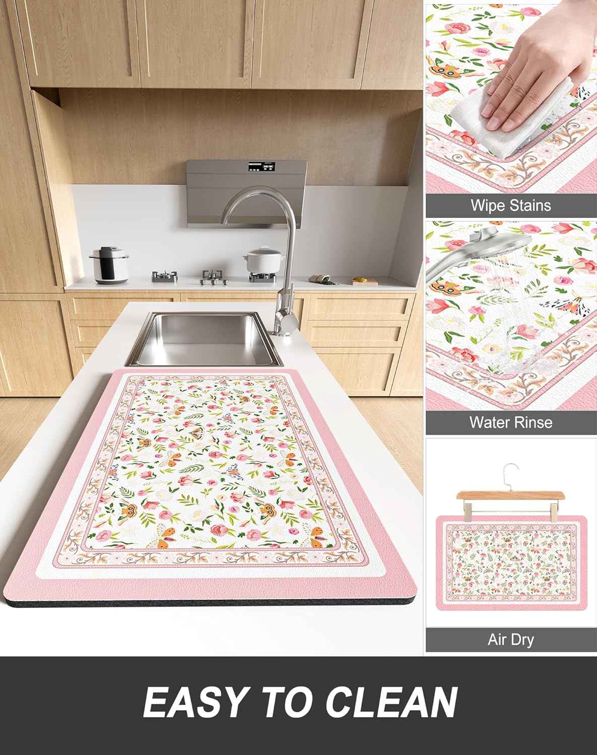 Rnivvi Dish Drying Mat for Kitchen Counter, XL 15 x 24" Cute Flower Theme Absorbent Draining Pad, Non-Slip Heat Resistant Coffee Bar Mats for Coffee Machine Station Accessories, Pink Dish Rack Pad