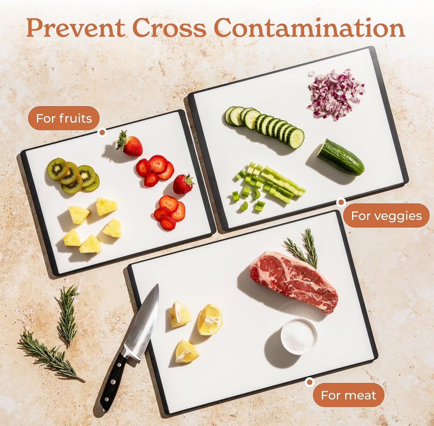 SMIRLY Plastic Cutting Board Set with Holder 3 Pieces, Non-Slip Dishwasher Safe Chopping Boards for Kitchen, Black & White