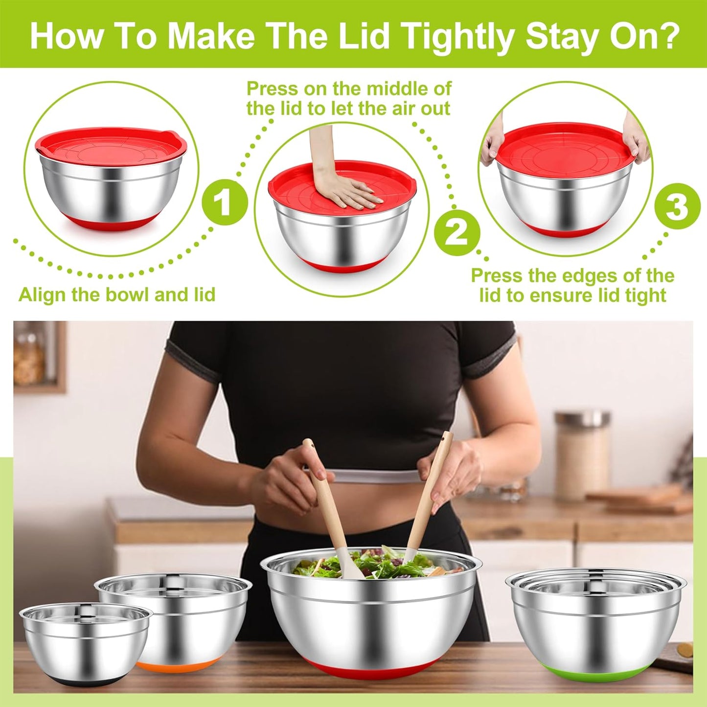 TeamFar Mixing Bowls, Stainless Steel Mixing Bowls with Lids, Nesting Salad Bowls with Air-tight Lids & Non-slip Bottom, Dishwasher Safe & Stackable, Set of 6-4.6/2.6/2 / 1.5/1 / 0.7 Qt