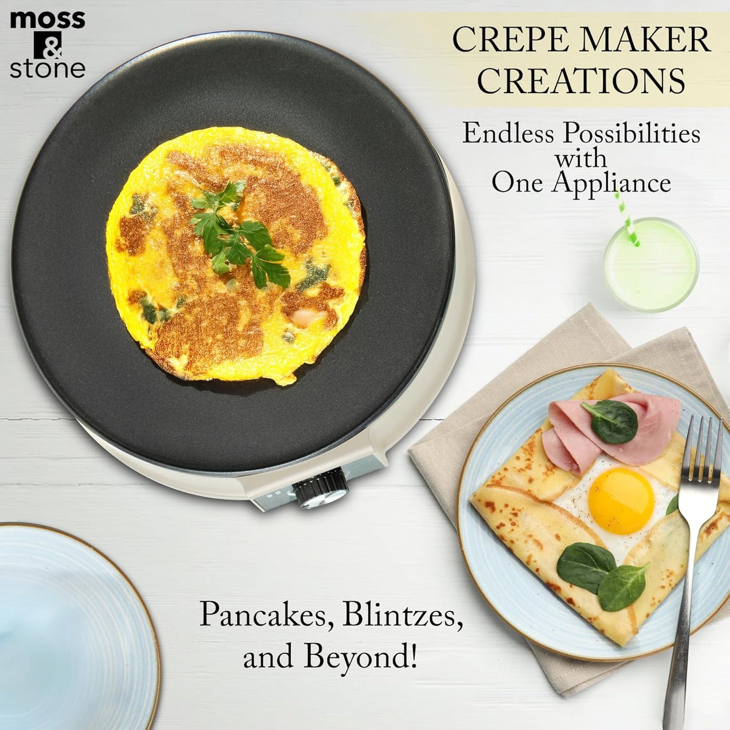 Moss & Stone Beige 12 Inch Electric Griddle & Crepe Maker Machine. Electric Crepe Maker with Adjustable Temperature for Blintzes Pancakes & Tortilla, Non-Stick Crepe Pan & Batter Spreader & Spatula
