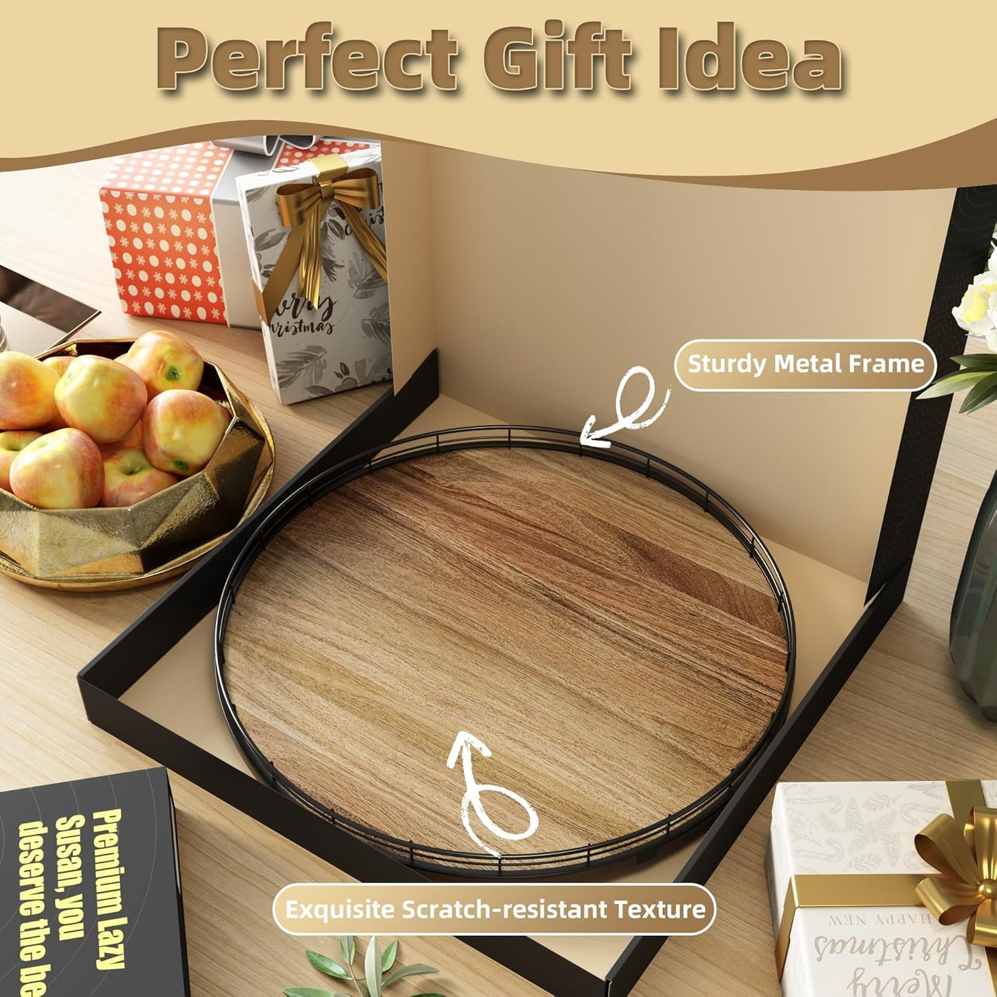 Acacia Wood 18" Lazy Susan Turntable Organizer for Table Top, Farmhouse Large Round Lazy Susan for Cabinet Kitchen Centerpieces Dining Table, for Condiments Charcuterie, Bathroom Vanity Tray Decor