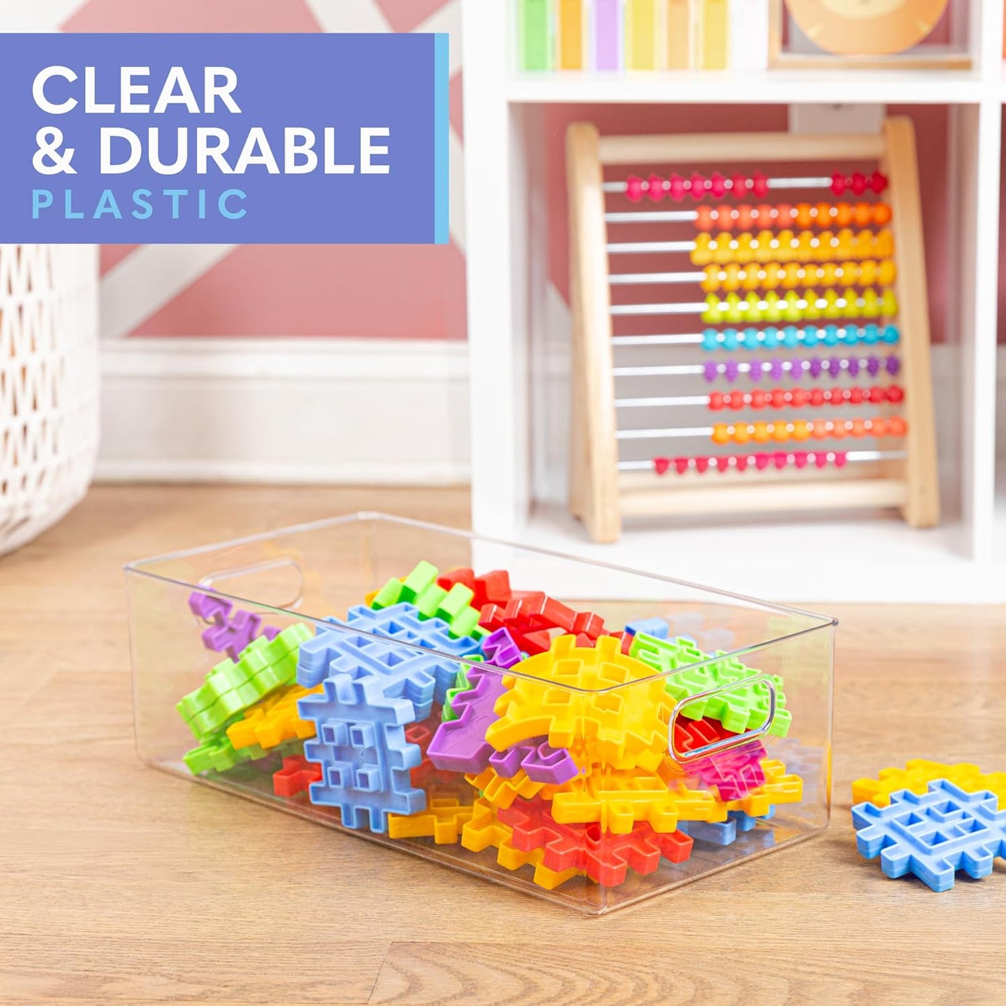 Plastic Food Storage 4 Pack Clear Container Bin with Handles for Organizing Kitchen, Pantry, Refrigerator, Freezer, Pantry, Cabinet, Closet, Bathroom. 14”x8”x5”