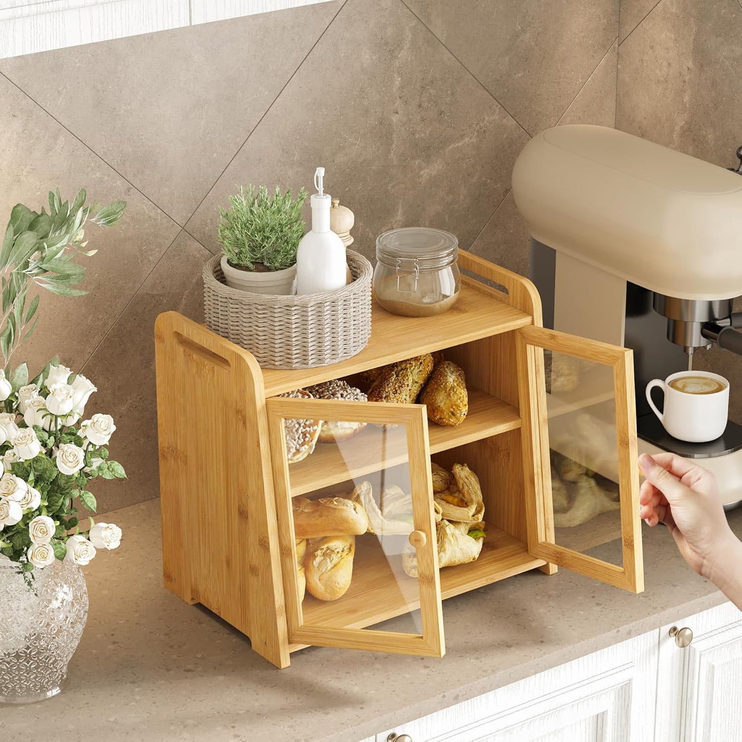 AMBIRD Bamboo Bread Box 20L Large Capacity with Clear Acrylic Doors - Double Layer Food-Safe Bread Storage with Air Vents and Side Handles - Keep Bread Fresh and Counter Clutter-Free