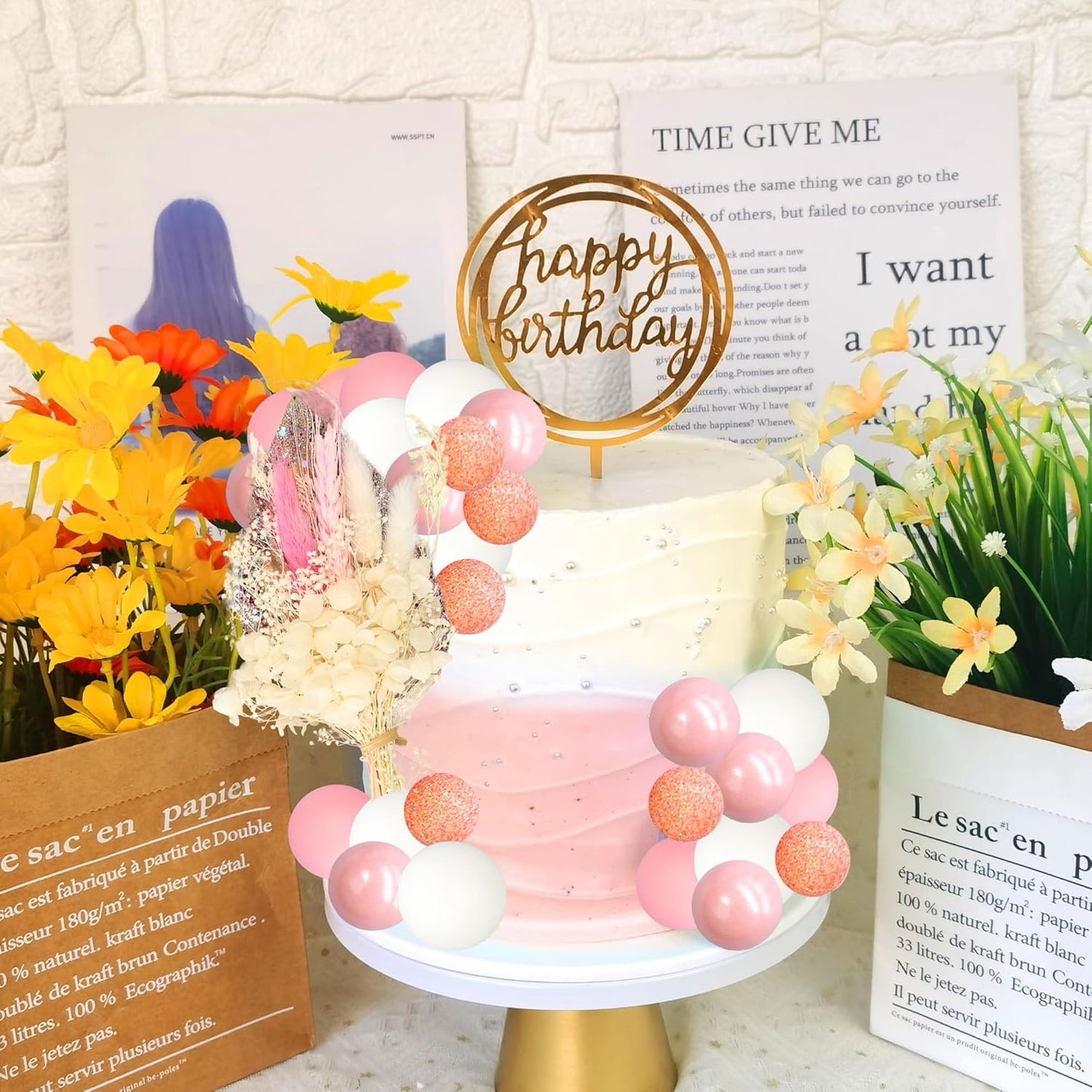 Gyufise 21 Pack Flower Boho Cake Topper Ball Cake Decorations Palm Leaves Plants Cake Decor for Girl Bohemian Princess Theme Wedding Baby Shower Birthday Party Supplies Pink White