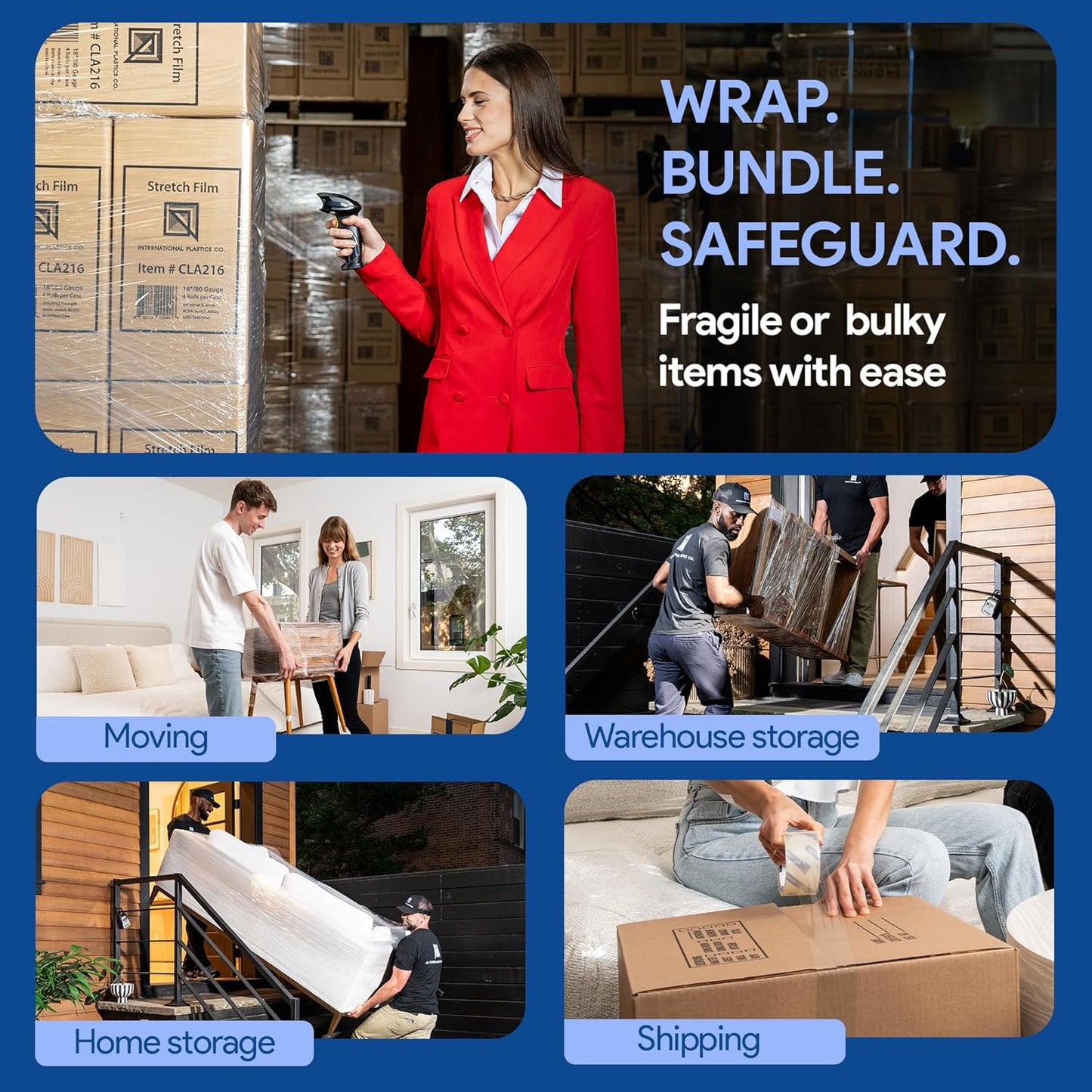 International Plastics Co. 2 Pack 15" Plastic Stretch Film Wrap with Extended Tension Handles 1200ft Each 500% Stretch Clear Cling Durable Adhering Packing Moving Heavy Duty Pallet Shrink