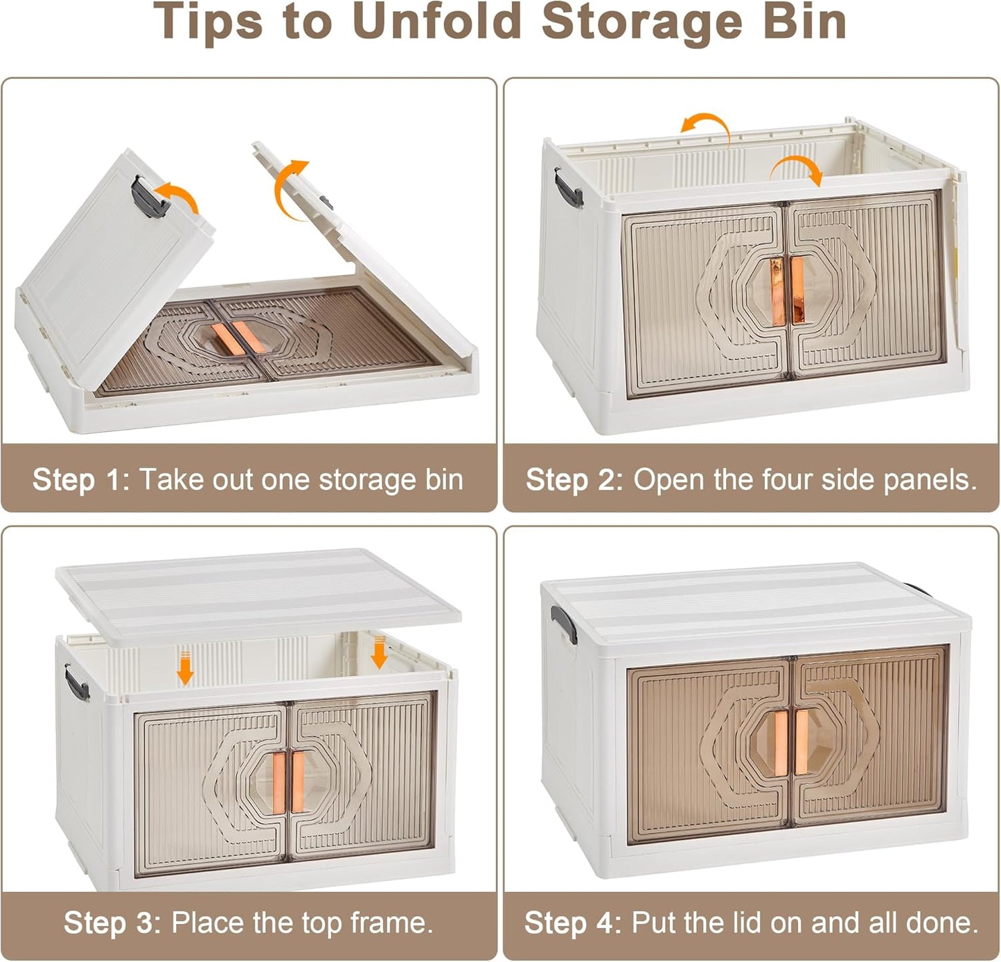 VECELO 19 Gal Stackable Storage Bins with Lid, 5 Pack Plastic Collapsible Storage Cabinet, Foldable Folding Box Organizer/Storage Container Cart with Wheel and Double Door for Home Office, White